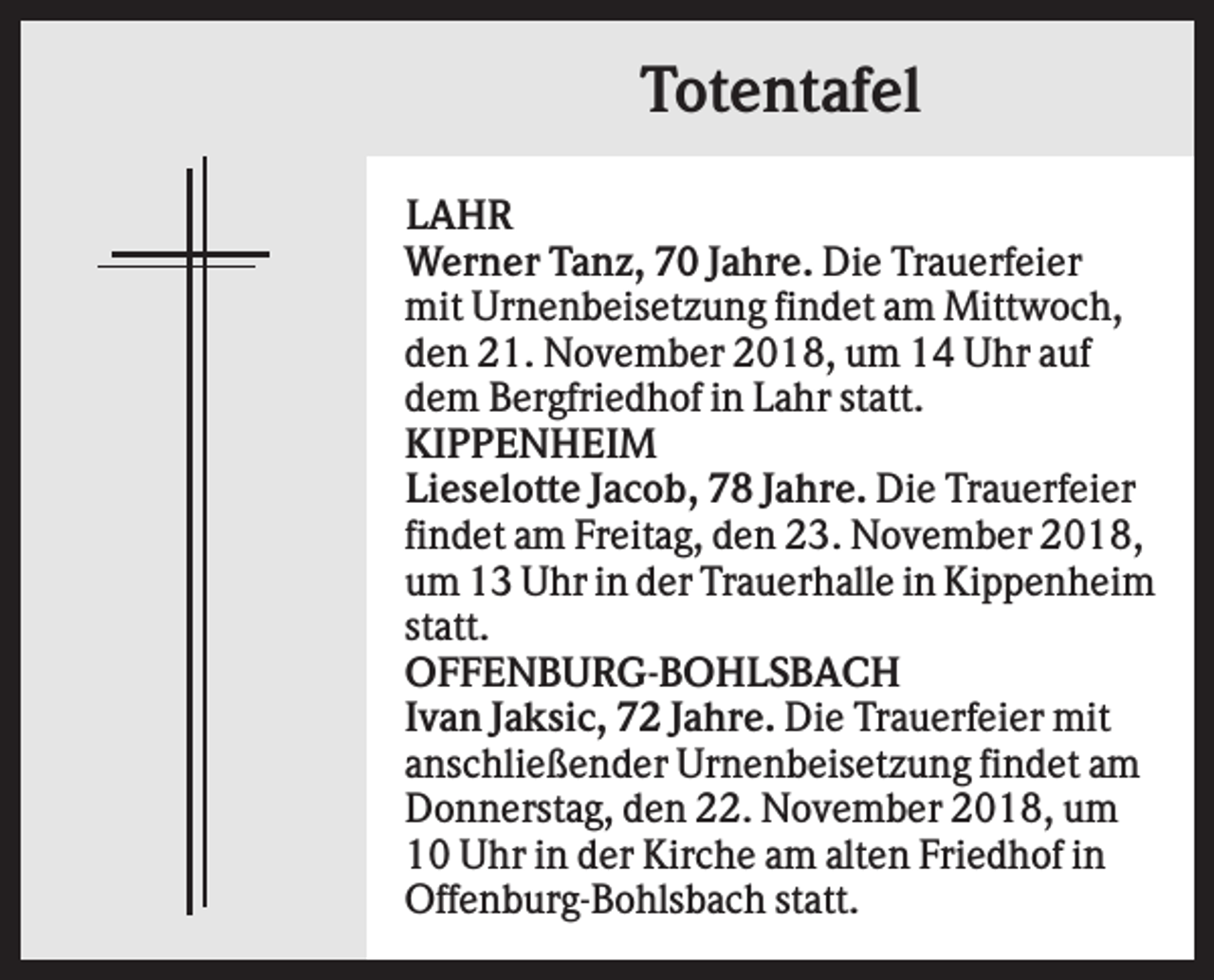 <p>Totentafel<br />LAHR<br />Werner Tanz, 70 Jahre. Die Trauerfeier<br />mit Urnenbeisetzung findet am Mittwoch,<br />den 21. November 2018, um 14 Uhr auf<br />dem Bergfriedhof in Lahr statt.<br />KIPPENHEIM<br />Lieselotte Jacob, 78 Jahre. Die Trauerfeier<br />findet am Freitag, den 23. November 2018,<br />um 13 Uhr in der Trauerhalle in Kippenheim<br />statt.<br />OFFENBURG-BOHLSBACH<br />Ivan Jaksic, 72 Jahre. Die Trauerfeier mit<br />anschließender Urnenbeisetzung findet am<br />Donnerstag, den 22. November 2018, um<br />10 Uhr in der Kirche am alten Friedhof in<br />Offenburg-Bohlsbach statt.</p>