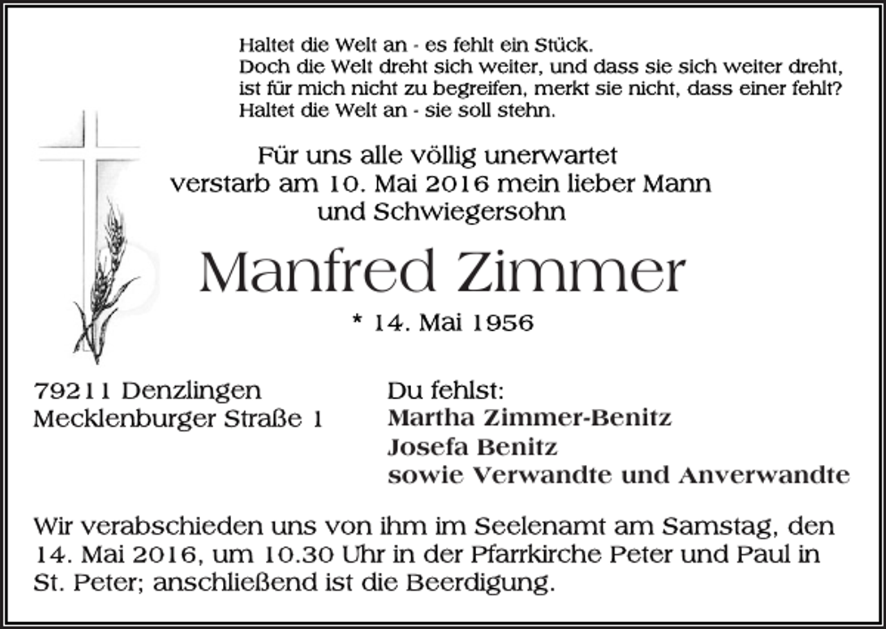 <p>Manfred Zimmer<br />Martha Zimmer-Benitz<br />Josefa Benitz<br />sowie Verwandte und Anverwandte</p>