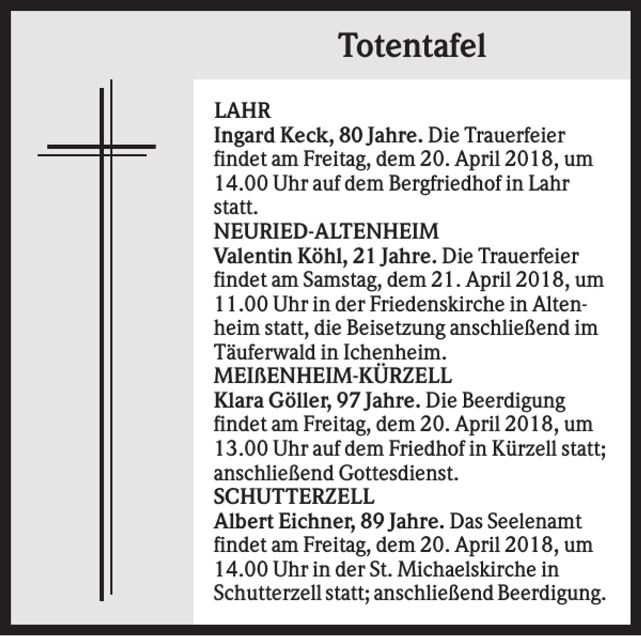 <p>Totentafel<br />LAHR<br />Ingard Keck, 80 Jahre. Die Trauerfeier<br />findet am Freitag, dem 20. April 2018, um<br />14.00 Uhr auf dem Bergfriedhof in Lahr<br />statt.<br />NEURIED-ALTENHEIM<br />Valentin Köhl, 21 Jahre. Die Trauerfeier<br />findet am Samstag, dem 21. April 2018, um<br />11.00 Uhr in der Friedenskirche in Altenheim statt, die Beisetzung anschließend im<br />Täuferwald in Ichenheim.<br />MEIßENHEIM-KÜRZELL<br />Klara Göller, 97 Jahre. Die Beerdigung<br />findet am Freitag, dem 20. April 2018, um<br />13.00 Uhr auf dem Friedhof in Kürzell statt;<br />anschließend Gottesdienst.<br />SCHUTTERZELL<br />Albert Eichner, 89 Jahre. Das Seelenamt<br />findet am Freitag, dem 20. April 2018, um<br />14.00 Uhr in der St. Michaelskirche in<br />Schutterzell statt; anschließend Beerdigung.</p>