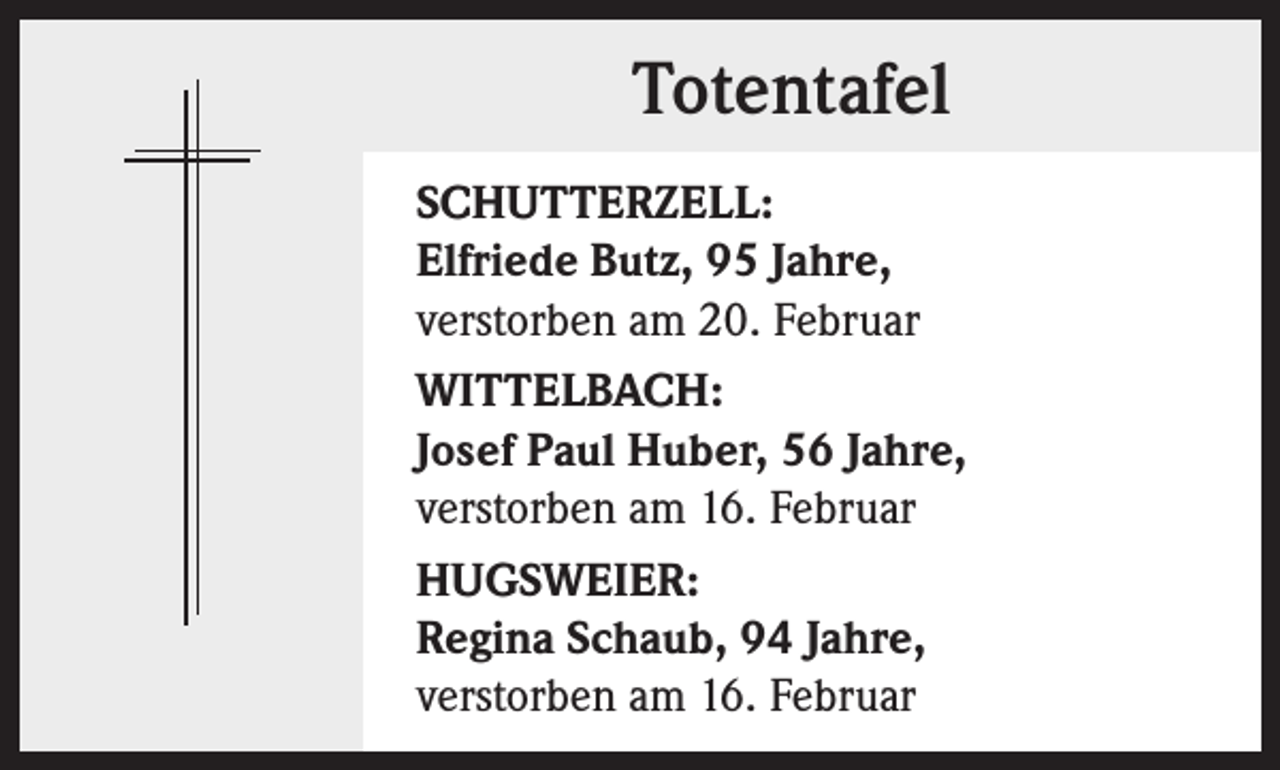<p>Totentafel<br />SCHUTTERZELL:<br />Elfriede Butz, 95 Jahre,<br />verstorben am 20. Februar<br />WITTELBACH:<br />Josef Paul Huber, 56 Jahre,<br />verstorben am 16. Februar<br />HUGSWEIER:<br />Regina Schaub, 94 Jahre,<br />verstorben am 16. Februar</p>