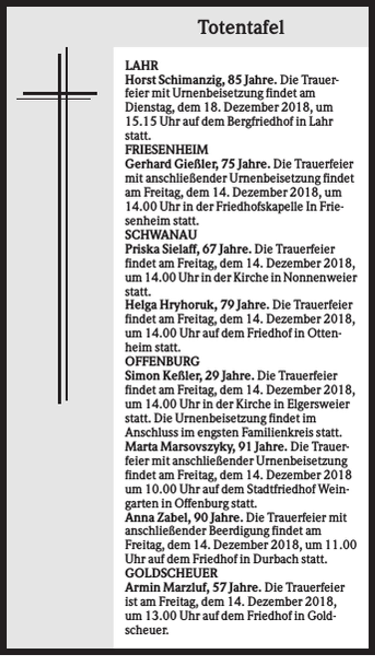 <p>Totentafel<br />LAHR<br />Horst Schimanzig, 85 Jahre. Die Trauerfeier mit Urnenbeisetzung findet am<br />Dienstag, dem 18. Dezember 2018, um<br />15.15 Uhr auf dem Bergfriedhof in Lahr<br />statt.<br />FRIESENHEIM<br />Gerhard Gießler, 75 Jahre. Die Trauerfeier<br />mit anschließender Urnenbeisetzung findet<br />am Freitag, dem 14. Dezember 2018, um<br />14.00 Uhr in der Friedhofskapelle In Friesenheim statt.<br />SCHWANAU<br />Priska Sielaff, 67 Jahre. Die Trauerfeier<br />findet am Freitag, dem 14. Dezember 2018,<br />um 14.00 Uhr in der Kirche in Nonnenweier<br />statt.<br />Helga Hryhoruk, 79 Jahre. Die Trauerfeier<br />findet am Freitag, dem 14. Dezember 2018,<br />um 14.00 Uhr auf dem Friedhof in Ottenheim statt.<br />OFFENBURG<br />Simon Keßler, 29 Jahre. Die Trauerfeier<br />findet am Freitag, dem 14. Dezember 2018,<br />um 14.00 Uhr in der Kirche in Elgersweier<br />statt. Die Urnenbeisetzung findet im<br />Anschluss im engsten Familienkreis statt.<br />Marta Marsovszyky, 91 Jahre. Die Trauerfeier mit anschließender Urnenbeisetzung<br />findet am Freitag, dem 14. Dezember 2018<br />um 10.00 Uhr auf dem Stadtfriedhof Weingarten in Offenburg statt.<br />Anna Zabel, 90 Jahre. Die Trauerfeier mit<br />anschließender Beerdigung findet am<br />Freitag, dem 14. Dezember 2018, um 11.00<br />Uhr auf dem Friedhof in Durbach statt.<br />GOLDSCHEUER<br />Armin Marzluf, 57 Jahre. Die Trauerfeier<br />ist am Freitag, dem 14. Dezember 2018,<br />um 13.00 Uhr auf dem Friedhof in Goldscheuer.</p>