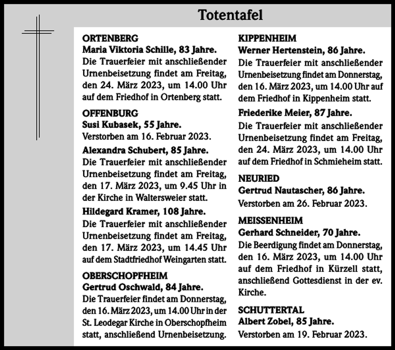 <p>Totentafel Totentafel<br />ORTENBERG<br />Maria Viktoria Schille, 83 Jahre.<br />Die Trauerfeier mit anschließender<br />Urnenbeisetzung findet am Freitag,<br />den 24. März 2023, um 14.00 Uhr<br />auf dem Friedhof in Ortenberg statt.<br />OFFENBURG<br />Susi Kubasek, 55 Jahre.<br />Verstorben am 16. Februar 2023.<br />Alexandra Schubert, 85 Jahre.<br />Die Trauerfeier mit anschließender<br />Urnenbeisetzung findet am Freitag,<br />den 17. März 2023, um 9.45 Uhr in<br />der Kirche in Waltersweier statt.<br />Hildegard Kramer, 108 Jahre.<br />Die Trauerfeier mit anschließender<br />Urnenbeisetzung findet am Freitag,<br />den 17. März 2023, um 14.45 Uhr<br />auf dem Stadtfriedhof Weingarten statt.<br />OBERSCHOPFHEIM<br />Gertrud Oschwald, 84 Jahre.<br />Die Trauerfeier findet am Donnerstag,<br />den 16. März 2023, um 14.00 Uhr in der<br />St. Leodegar Kirche in Oberschopfheim<br />statt, anschließend Urnenbeisetzung.</p><p>KIPPENHEIM<br />Werner Hertenstein, 86 Jahre.<br />Die Trauerfeier mit anschließender<br />Urnenbeisetzung findet am Donnerstag,<br />den 16. März 2023, um 14.00 Uhr auf<br />dem Friedhof in Kippenheim statt.<br />Friederike Meier, 87 Jahre.<br />Die Trauerfeier mit anschließender<br />Urnenbeisetzung findet am Freitag,<br />den 24. März 2023, um 14.00 Uhr<br />auf dem Friedhof in Schmieheim statt.<br />NEURIED<br />Gertrud Nautascher, 86 Jahre.<br />Verstorben am 26. Februar 2023.<br />MEISSENHEIM<br />Gerhard Schneider, 70 Jahre.<br />Die Beerdigung findet am Donners­tag,<br />den 16. März 2023, um 14.00 Uhr<br />auf dem Friedhof in Kürzell statt,<br />anschließend Gottesdienst in der ev.<br />Kirche.<br />SCHUTTERTAL<br />Albert Zobel, 85 Jahre.<br />Verstorben am 19. Februar 2023.</p>