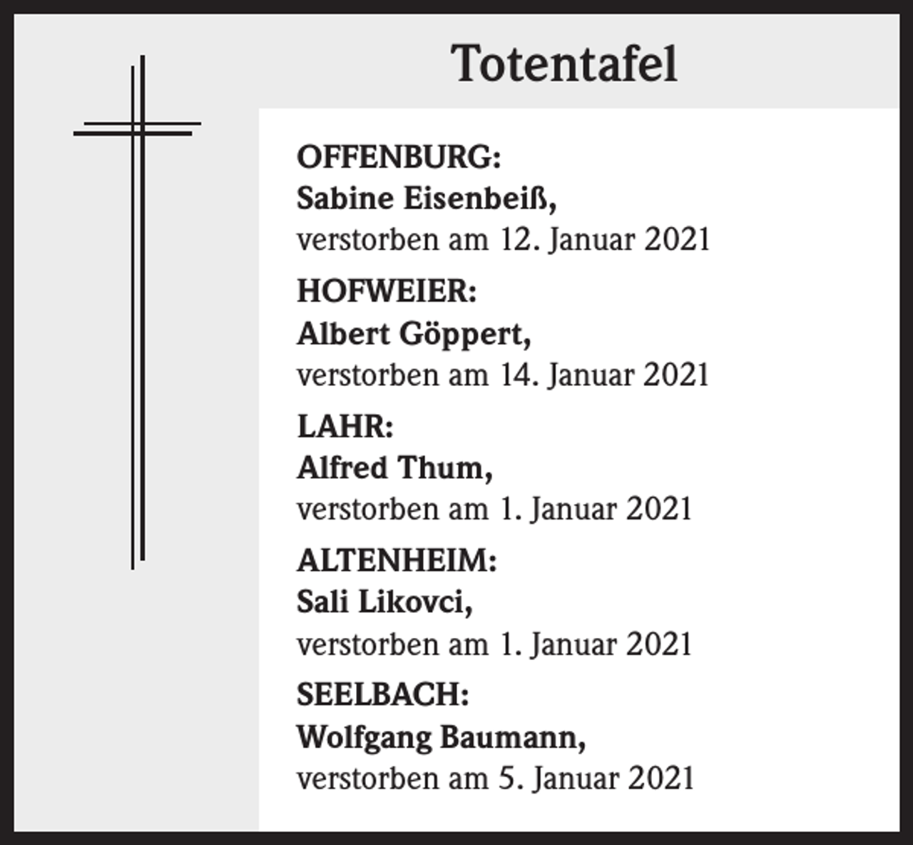 <p>Totentafel<br />OFFENBURG:<br />Sabine Eisenbeiß,<br />verstorben am 12. Januar 2021<br />HOFWEIER:<br />Albert Göppert,<br />verstorben am 14. Januar 2021<br />LAHR:<br />Alfred Thum,<br />verstorben am 1. Januar 2021<br />ALTENHEIM:<br />Sali Likovci,<br />verstorben am 1. Januar 2021<br />SEELBACH:<br />Wolfgang Baumann,<br />verstorben am 5. Januar 2021</p>