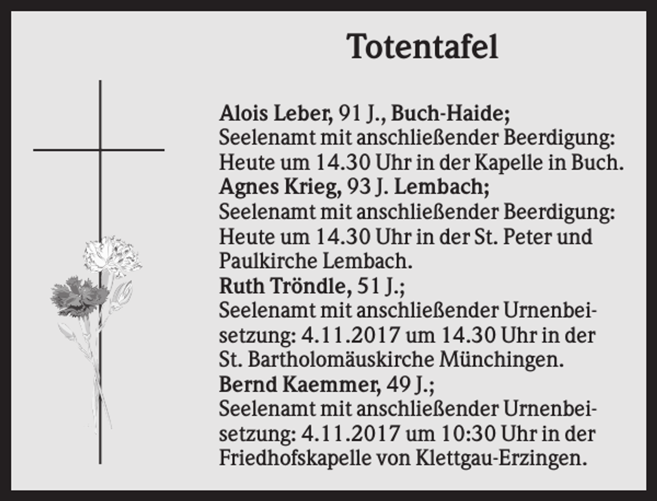 <p>Totentafel<br />Alois Leber, 91 J., Buch-Haide;<br />Seelenamt mit anschließender Beerdigung:<br />Heute um 14.30 Uhr in der Kapelle in Buch.<br />Agnes Krieg, 93 J. Lembach;<br />Seelenamt mit anschließender Beerdigung:<br />Heute um 14.30 Uhr in der St. Peter und<br />Paulkirche Lembach.<br />Ruth Tröndle, 51 J.;<br />Seelenamt mit anschließender Urnenbeisetzung: 4.11.2017 um 14.30 Uhr in der<br />St. Bartholomäuskirche Münchingen.<br />Bernd Kaemmer, 49 J.;<br />Seelenamt mit anschließender Urnenbeisetzung: 4.11.2017 um 10:30 Uhr in der<br />Friedhofskapelle von Klettgau-Erzingen.</p>