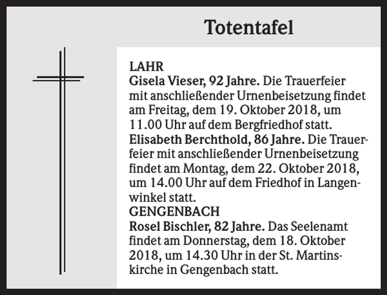 <p>Totentafel<br />LAHR<br />Gisela Vieser, 92 Jahre. Die Trauerfeier<br />mit anschließender Urnenbeisetzung findet<br />am Freitag, dem 19. Oktober 2018, um<br />11.00 Uhr auf dem Bergfriedhof statt.<br />Elisabeth Berchthold, 86 Jahre. Die Trauerfeier mit anschließender Urnenbeisetzung<br />findet am Montag, dem 22. Oktober 2018,<br />um 14.00 Uhr auf dem Friedhof in Langenwinkel statt.<br />GENGENBACH<br />Rosel Bischler, 82 Jahre. Das Seelenamt<br />findet am Donnerstag, dem 18. Oktober<br />2018, um 14.30 Uhr in der St. Martinskirche in Gengenbach statt.</p>
