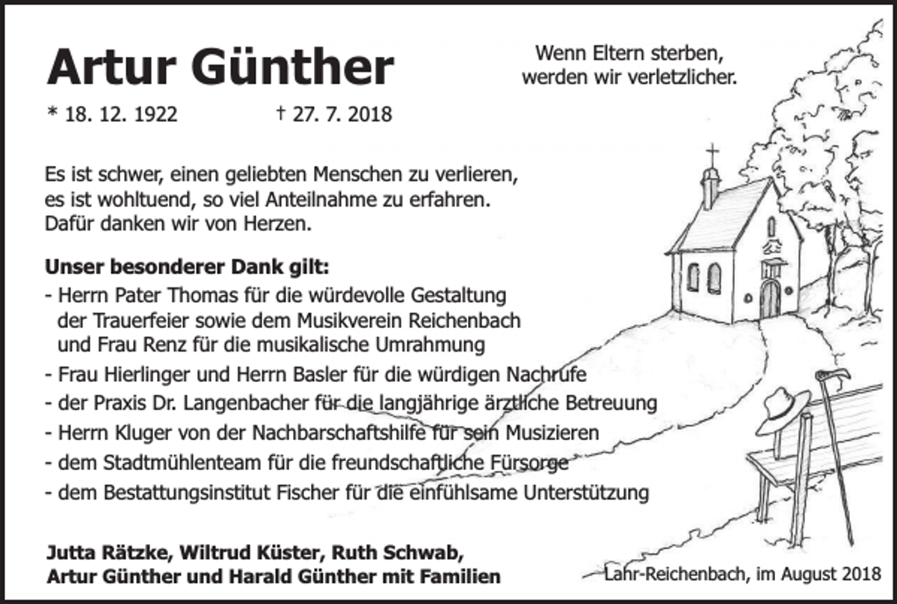 <p>Artur Günther<br />* 18. 12. 1922</p><p>Wenn Eltern sterben,<br />werden wir verletzlicher.</p><p>† 27. 7. 2018</p><p>Es ist schwer, einen geliebten Menschen zu verlieren,<br />es ist wohltuend, so viel Anteilnahme zu erfahren.<br />Dafür danken wir von Herzen.<br />Unser besonderer Dank gilt:<br />- Herrn Pater Thomas für die würdevolle Gestaltung<br />der Trauerfeier sowie dem Musikverein Reichenbach<br />und Frau Renz für die musikalische Umrahmung<br />- Frau Hierlinger und Herrn Basler für die würdigen Nachrufe<br />- der Praxis Dr. Langenbacher für die langjährige ärztliche Betreuung<br />- Herrn Kluger von der Nachbarschaftshilfe für sein Musizieren<br />- dem Stadtmühlenteam für die freundschaftliche Fürsorge<br />- dem Bestattungsinstitut Fischer für die einfühlsame Unterstützung<br />Jutta Rätzke, Wiltrud Küster, Ruth Schwab,<br />Artur Günther und Harald Günther mit Familien</p><p>Lahr-Reichenbach, im August 2018</p>