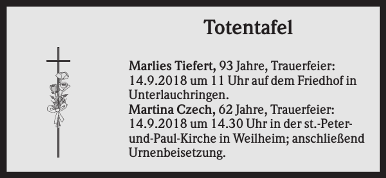 <p>Totentafel<br />Marlies Tiefert, 93 Jahre, Trauerfeier:<br />14.9.2018 um 11 Uhr auf dem Friedhof in<br />Unterlauchringen.<br />Martina Czech, 62 Jahre, Trauerfeier:<br />14.9.2018 um 14.30 Uhr in der st.-Peterund-Paul-Kirche in Weilheim; anschließend<br />Urnenbeisetzung.</p>