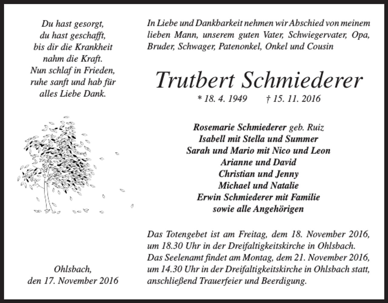 <p>Du hast gesorgt,<br />du hast geschafft,<br />bis dir die Krankheit<br />nahm die Kraft.<br />Nun schlaf in Frieden,<br />ruhe sanft und hab für<br />alles Liebe Dank.</p><p>In Liebe und Dankbarkeit nehmen wir Abschied von m<br />­ einem<br />lieben Mann, unserem guten Vater, Schwiegervater, Opa,<br />Bruder, Schwager, Patenonkel, Onkel und Cousin</p><p>Trutbert Schmiederer<br />* 18. 4. 1949 † 15. 11. 2016<br />Rosemarie Schmiederer geb. Ruiz<br />Isabell mit Stella und Summer<br />Sarah und Mario mit Nico und Leon<br />Arianne und David<br />Christian und Jenny<br />Michael und Natalie<br />Erwin Schmiederer mit Familie<br />sowie alle Angehörigen</p><p>Ohlsbach,<br />den 17. November 2016</p><p>Das Totengebet ist am Freitag, dem 18. November 2016,<br />um 18.30 Uhr in der Dreifaltigkeitskirche in Ohlsbach.<br />Das Seelenamt findet am Montag, dem 21. November 2016,<br />um 14.30 Uhr in der Dreifaltigkeitskirche in Ohlsbach statt,<br />anschließend Trauerfeier und Beerdigung.</p>