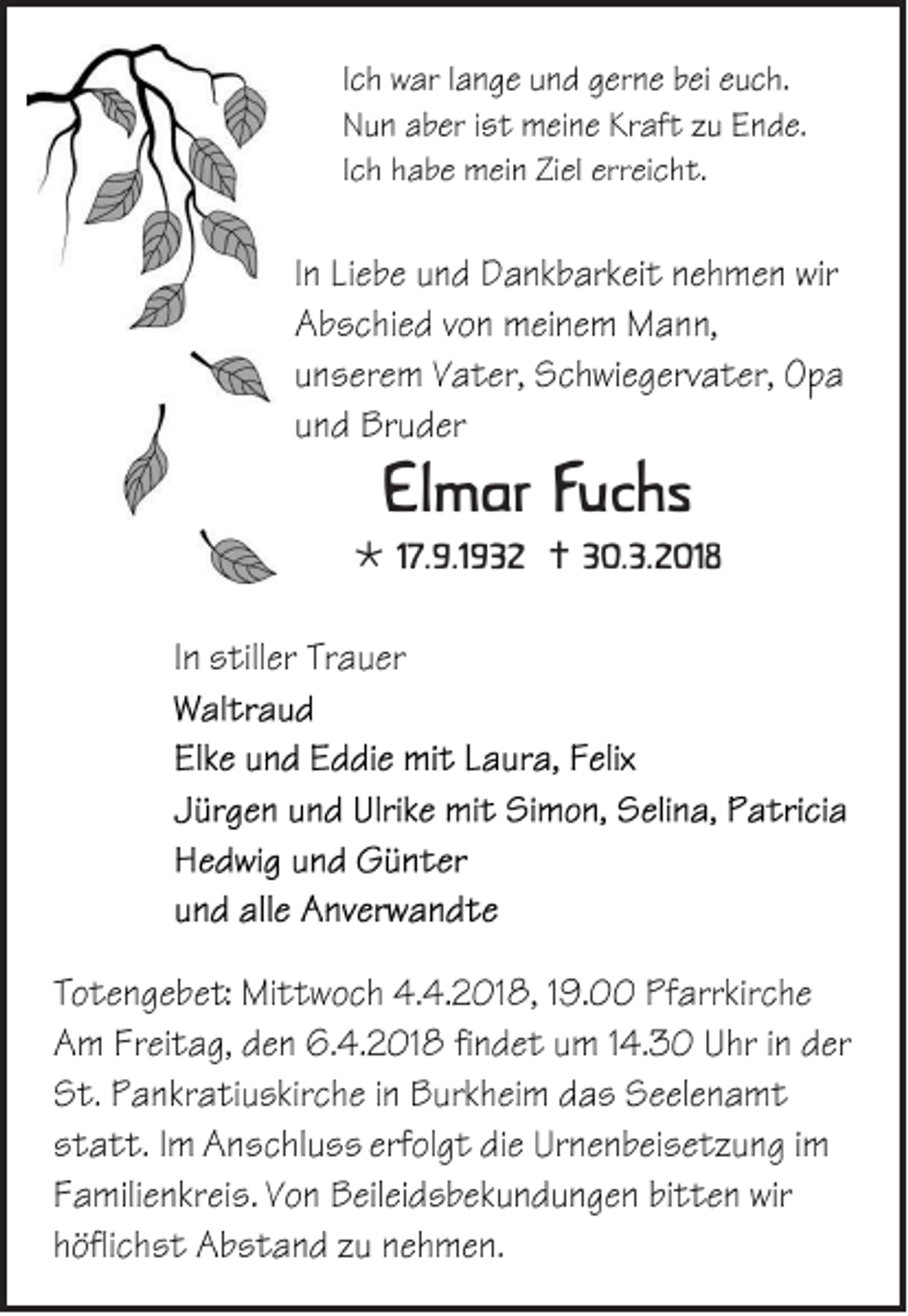<p>ElElmar<br />m ar FFuchs<br />uc hs</p><p> 117.9.1932<br />7. 9.1 9 3 2  330.3.2018<br />0. 3. 2 01 8</p>