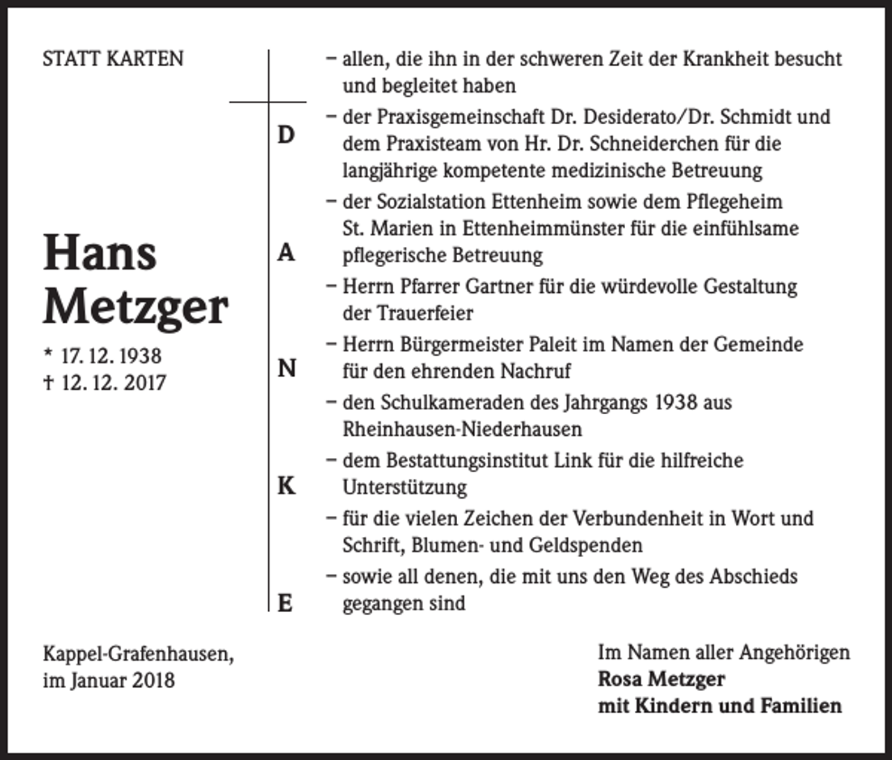 <p>STATT KARTEN</p><p>D</p><p>Hans<br />Metzger<br />* 17. 12. 1938<br />† 12. 12. 2017</p><p>A</p><p>N</p><p>K</p><p>E<br />Kappel-Grafenhausen,<br />im Januar 2018</p><p>– allen, die ihn in der schweren Zeit der Krankheit besucht<br />und begleitet haben<br />– der Praxisgemeinschaft Dr. Desiderato/Dr. Schmidt und<br />dem Praxisteam von Hr. Dr. Schneiderchen für die<br />langjährige kompetente medizinische Betreuung<br />– der Sozialstation Ettenheim sowie dem Pflegeheim<br />St. Marien in Ettenheimmünster für die einfühlsame<br />pflegerische Betreuung<br />– Herrn Pfarrer Gartner für die würdevolle Gestaltung<br />der Trauerfeier<br />– Herrn Bürgermeister Paleit im Namen der Gemeinde<br />für den ehrenden Nachruf<br />– den Schulkameraden des Jahrgangs 1938 aus<br />Rheinhausen-Niederhausen<br />– dem Bestattungsinstitut Link für die hilfreiche<br />Unterstützung<br />– für die vielen Zeichen der Verbundenheit in Wort und<br />Schrift, Blumen- und Geldspenden<br />– sowie all denen, die mit uns den Weg des Abschieds<br />gegangen sind<br />Im Namen aller Angehörigen<br />Rosa Metzger<br />mit Kindern und Familien</p>