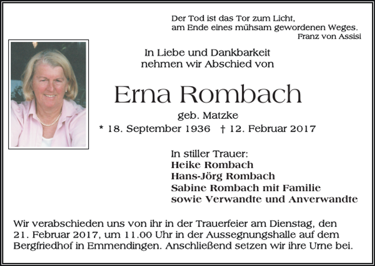 <p>Erna Rombach<br />Heike Rombach<br />Hans-Jörg Rombach<br />Sabine Rombach mit Familie<br />sowie Verwandte und Anverwandte</p>