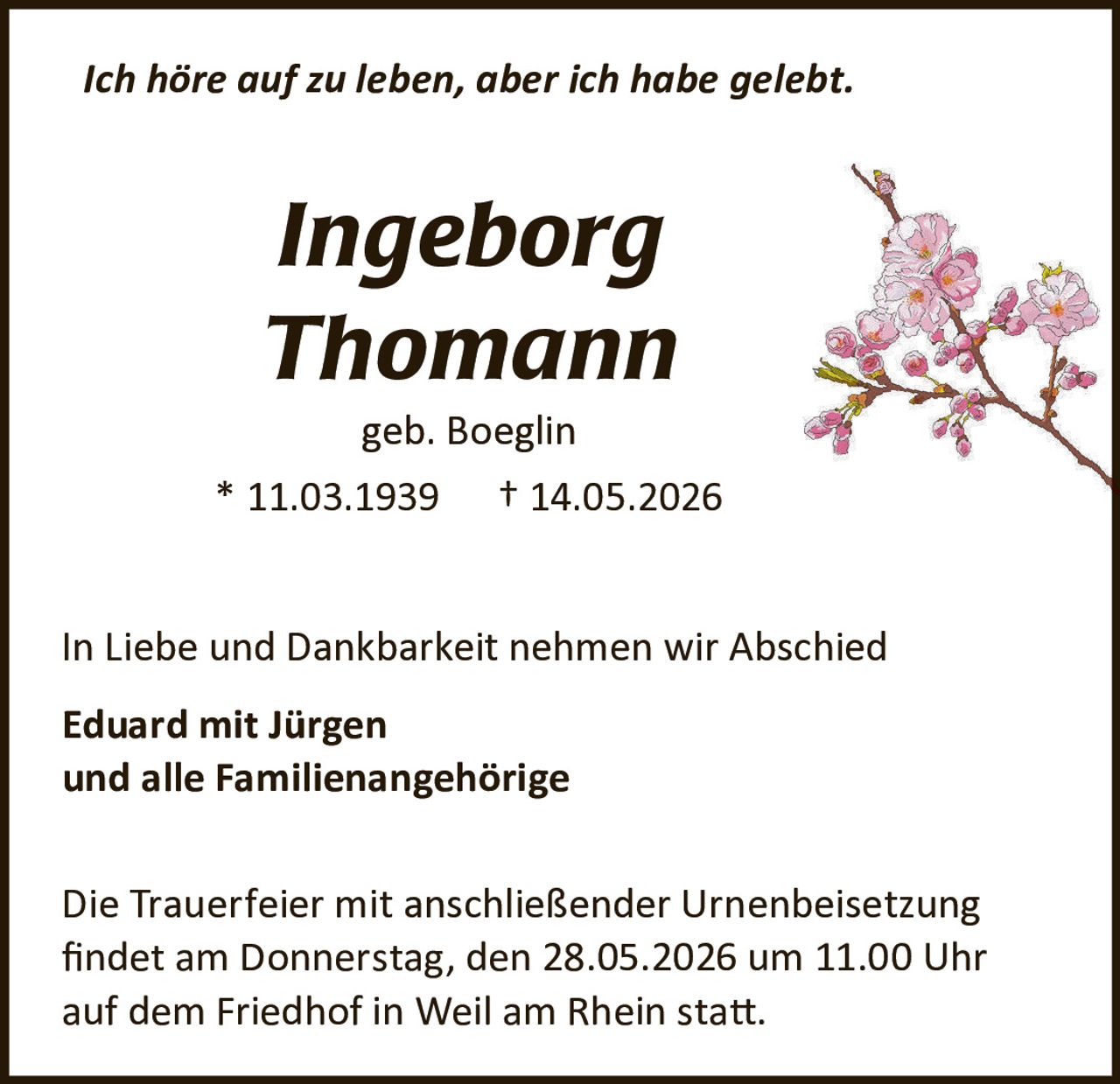 Ingeborg Thomann | Traueranzeigen, Nachrufe & Danksagungen auf BZtrauer.de