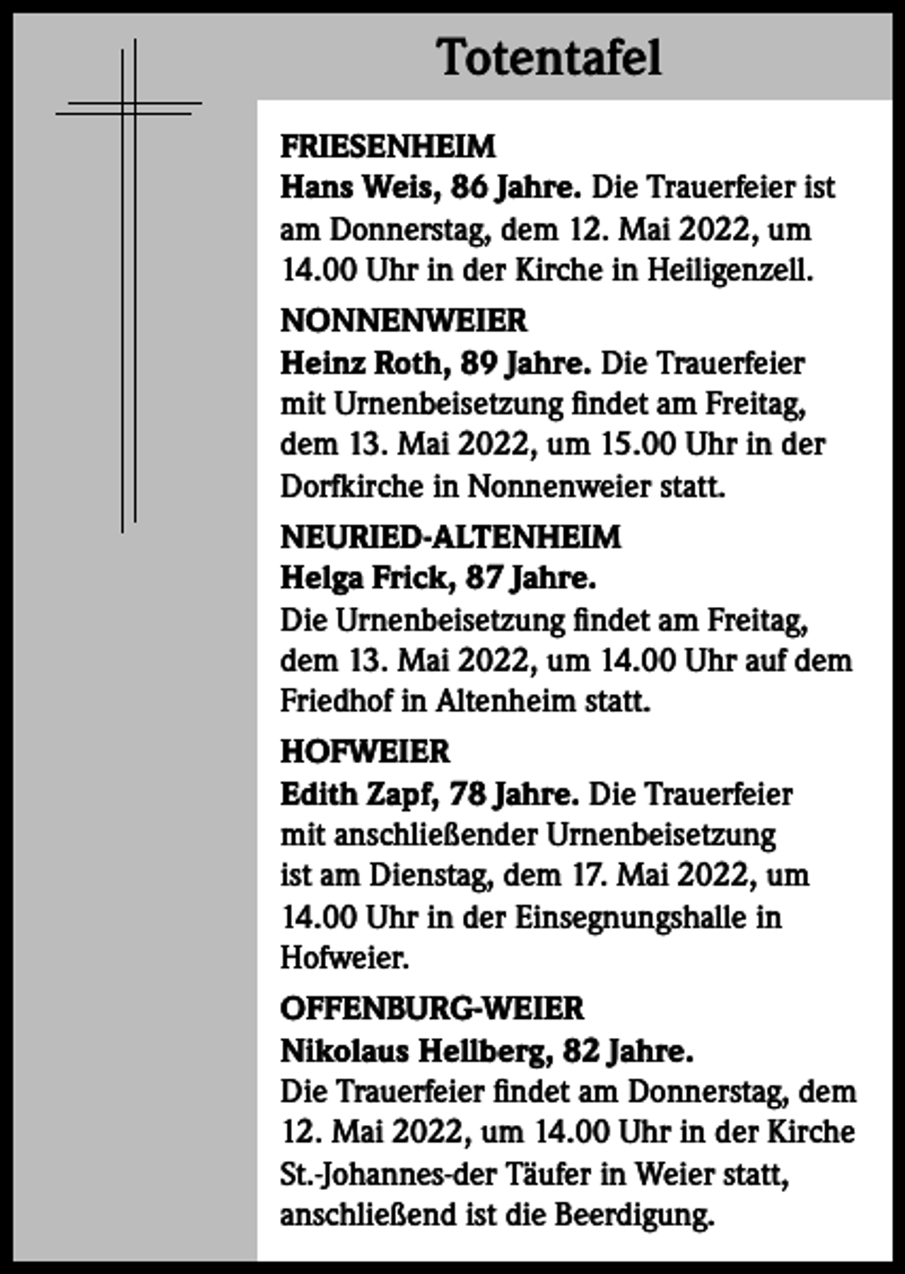 <p>Totentafel<br />Totentafel<br />FRIESENHEIM<br />Hans Weis, 86 Jahre. Die Trauerfeier ist<br />am Donnerstag, dem 12. Mai 2022, um<br />14.00 Uhr in der Kirche in Heiligenzell.<br />NONNENWEIER<br />Heinz Roth, 89 Jahre. Die Trauerfeier<br />mit Urnenbeisetzung findet am Freitag,<br />dem 13. Mai 2022, um 15.00 Uhr in der<br />Dorfkirche in Nonnenweier statt.<br />NEURIED-ALTENHEIM<br />Helga Frick, 87 Jahre.<br />Die Urnenbeisetzung findet am Freitag,<br />dem 13. Mai 2022, um 14.00 Uhr auf dem<br />Friedhof in Altenheim statt.<br />HOFWEIER<br />Edith Zapf, 78 Jahre. Die Trauerfeier<br />mit anschließender Urnenbeisetzung<br />ist am Dienstag, dem 17. Mai 2022, um<br />14.00 Uhr in der Einsegnungshalle in<br />Hofweier.<br />OFFENBURG-WEIER<br />Nikolaus Hellberg, 82 Jahre.<br />Die Trauerfeier findet am Donnerstag, dem<br />12. Mai 2022, um 14.00 Uhr in der Kirche<br />St.-Johannes-der Täufer in Weier statt,<br />anschließend ist die Beerdigung.</p>
