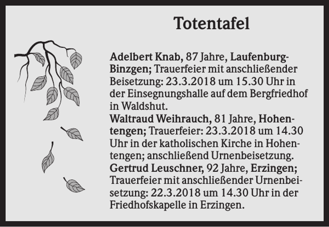 <p>Totentafel<br />Adelbert Knab, 87 Jahre, LaufenburgBinzgen; Trauerfeier mit anschließender<br />Beisetzung: 23.3.2018 um 15.30 Uhr in<br />der Einsegnungshalle auf dem Bergfriedhof<br />in Waldshut.<br />Waltraud Weihrauch, 81 Jahre, Hohentengen; Trauerfeier: 23.3.2018 um 14.30<br />Uhr in der katholischen Kirche in Hohentengen; anschließend Urnenbeisetzung.<br />Gertrud Leuschner, 92 Jahre, Erzingen;<br />Trauerfeier mit anschließender Urnenbeisetzung: 22.3.2018 um 14.30 Uhr in der<br />Friedhofskapelle in Erzingen.</p>