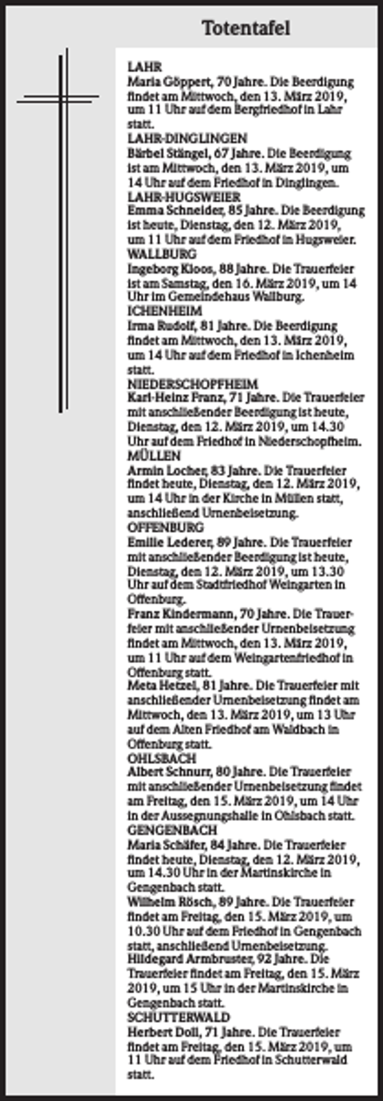 <p>Totentafel<br />LAHR<br />Maria Göppert, 70 Jahre. Die Beerdigung<br />findet am Mittwoch, den 13. März 2019,<br />um 11 Uhr auf dem Bergfriedhof in Lahr<br />statt.<br />LAHR-DINGLINGEN<br />Bärbel Stängel, 67 Jahre. Die Beerdigung<br />ist am Mittwoch, den 13. März 2019, um<br />14 Uhr auf dem Friedhof in Dinglingen.<br />LAHR-HUGSWEIER<br />Emma Schneider, 85 Jahre. Die Beerdigung<br />ist heute, Dienstag, den 12. März 2019,<br />um 11 Uhr auf dem Friedhof in Hugsweier.<br />WALLBURG<br />Ingeborg Kloos, 88 Jahre. Die Trauerfeier<br />ist am Samstag, den 16. März 2019, um 14<br />Uhr im Gemeindehaus Wallburg.<br />ICHENHEIM<br />Irma Rudolf, 81 Jahre. Die Beerdigung<br />findet am Mittwoch, den 13. März 2019,<br />um 14 Uhr auf dem Friedhof in Ichenheim<br />statt.<br />NIEDERSCHOPFHEIM<br />Karl-Heinz Franz, 71 Jahre. Die Trauerfeier<br />mit anschließender Beerdigung ist heute,<br />Dienstag, den 12. März 2019, um 14.30<br />Uhr auf dem Friedhof in Niederschopfheim.<br />MÜLLEN<br />Armin Locher, 83 Jahre. Die Trauerfeier<br />findet heute, Dienstag, den 12. März 2019,<br />um 14 Uhr in der Kirche in Müllen statt,<br />anschließend Urnenbeisetzung.<br />OFFENBURG<br />Emilie Lederer, 89 Jahre. Die Trauerfeier<br />mit anschließender Beerdigung ist heute,<br />Dienstag, den 12. März 2019, um 13.30<br />Uhr auf dem Stadtfriedhof Weingarten in<br />Offenburg.<br />Franz Kindermann, 70 Jahre. Die Trauerfeier mit anschließender Urnenbeisetzung<br />findet am Mittwoch, den 13. März 2019,<br />um 11 Uhr auf dem Weingartenfriedhof in<br />Offenburg statt.<br />Meta Hetzel, 81 Jahre. Die Trauerfeier mit<br />anschließender Urnenbeisetzung findet am<br />Mittwoch, den 13. März 2019, um 13 Uhr<br />auf dem Alten Friedhof am Waldbach in<br />Offenburg statt.<br />OHLSBACH<br />Albert Schnurr, 80 Jahre. Die Trauerfeier<br />mit anschließender Urnenbeisetzung findet<br />am Freitag, den 15. März 2019, um 14 Uhr<br />in der Aussegnungshalle in Ohlsbach statt.<br />GENGENBACH<br />Maria Schäfer, 84 Jahre. Die Trauerfeier<br />findet heute, Dienstag, den 12. März 2019,<br />um 14.30 Uhr in der Martinskirche in<br />Gengenbach statt.<br />Wilhelm Rösch, 89 Jahre. Die Trauerfeier<br />findet am Freitag, den 15. März 2019, um<br />10.30 Uhr auf dem Friedhof in Gengenbach<br />statt, anschließend Urnenbeisetzung.<br />Hildegard Armbruster, 92 Jahre. Die<br />Trauerfeier findet am Freitag, den 15. März<br />2019, um 15 Uhr in der Martinskirche in<br />Gengenbach statt.<br />SCHUTTERWALD<br />Herbert Doll, 71 Jahre. Die Trauerfeier<br />findet am Freitag, den 15. März 2019, um<br />11 Uhr auf dem Friedhof in Schutterwald<br />statt.</p>