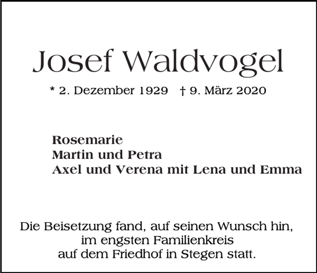 <p>Josef Waldvogel<br />Rosemarie<br />Martin und Petra<br />Axel und Verena mit Lena und Emma</p>