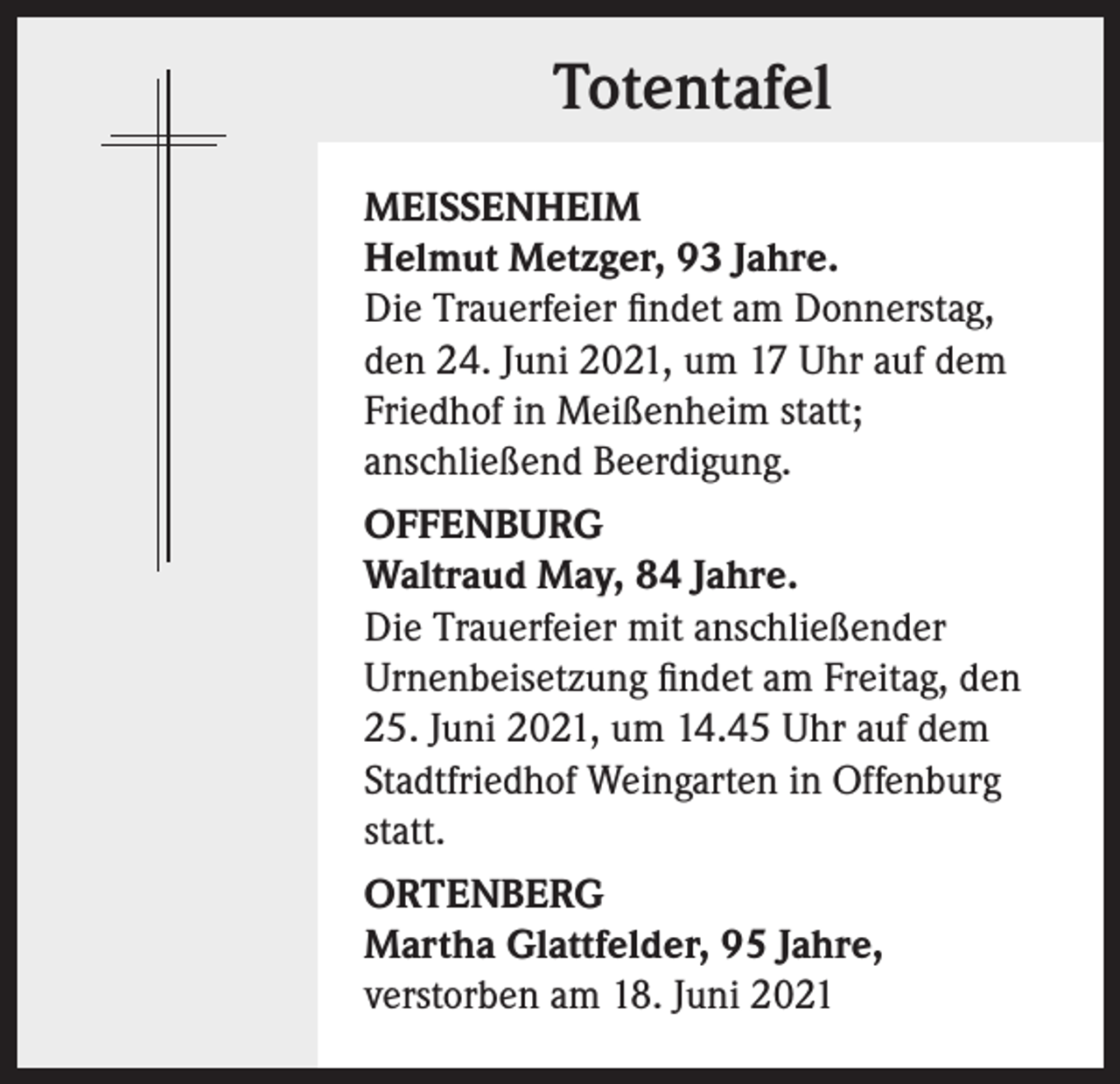 <p>Totentafel<br />MEISSENHEIM<br />Helmut Metzger, 93 Jahre.<br />Die Trauerfeier findet am Donnerstag,<br />den 24. Juni 2021, um 17 Uhr auf dem<br />Friedhof in Meißenheim statt;<br />anschließend Beerdigung.<br />OFFENBURG<br />Waltraud May, 84 Jahre.<br />Die Trauerfeier mit anschließender<br />Urnenbeisetzung findet am Freitag, den<br />25. Juni 2021, um 14.45 Uhr auf dem<br />Stadtfriedhof Weingarten in Offenburg<br />statt.<br />ORTENBERG<br />Martha Glattfelder, 95 Jahre,<br />verstorben am 18. Juni 2021</p>