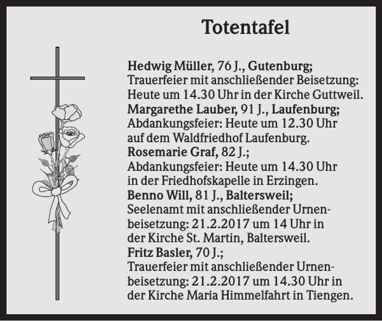 <p>Totentafel<br />Hedwig Müller, 76 J., Gutenburg;<br />Trauerfeier mit anschließender Beisetzung:<br />Heute um 14.30 Uhr in der Kirche Guttweil.<br />Margarethe Lauber, 91 J., Laufenburg;<br />Abdankungsfeier: Heute um 12.30 Uhr<br />auf dem Waldfriedhof Laufenburg.<br />Rosemarie Graf, 82 J.;<br />Abdankungsfeier: Heute um 14.30 Uhr<br />in der Friedhofskapelle in Erzingen.<br />Benno Will, 81 J., Baltersweil;<br />Seelenamt mit anschließender Urnenbeisetzung: 21.2.2017 um 14 Uhr in<br />der Kirche St. Martin, Baltersweil.<br />Fritz Basler, 70 J.;<br />Trauerfeier mit anschließender Urnenbeisetzung: 21.2.2017 um 14.30 Uhr in<br />der Kirche Maria Himmelfahrt in Tiengen.</p>