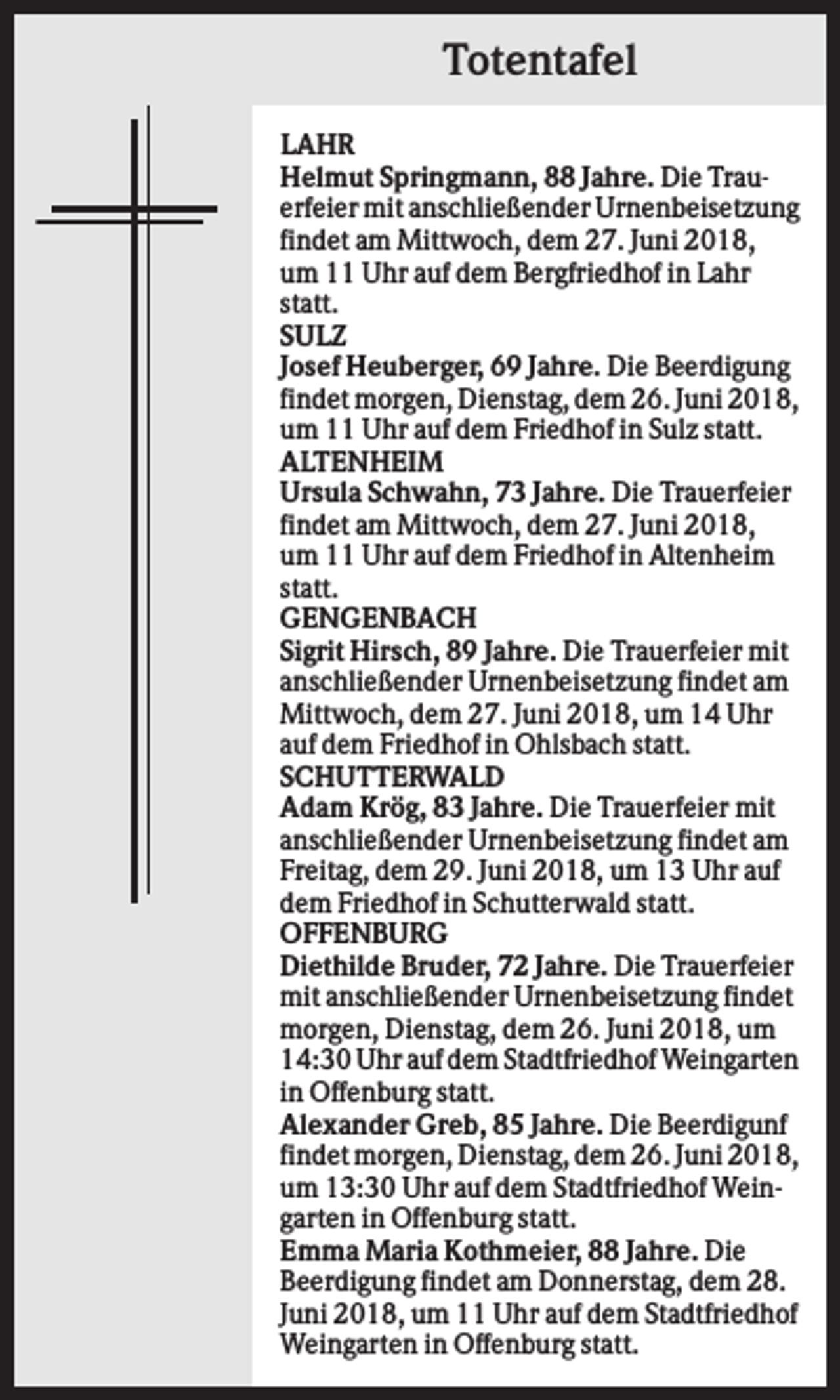 <p>Totentafel<br />LAHR<br />Helmut Springmann, 88 Jahre. Die Trauerfeier mit anschließender Urnenbeisetzung<br />findet am Mittwoch, dem 27. Juni 2018,<br />um 11 Uhr auf dem Bergfriedhof in Lahr<br />statt.<br />SULZ<br />Josef Heuberger, 69 Jahre. Die Beerdigung<br />findet morgen, Dienstag, dem 26. Juni 2018,<br />um 11 Uhr auf dem Friedhof in Sulz statt.<br />ALTENHEIM<br />Ursula Schwahn, 73 Jahre. Die Trauerfeier<br />findet am Mittwoch, dem 27. Juni 2018,<br />um 11 Uhr auf dem Friedhof in Altenheim<br />statt.<br />GENGENBACH<br />Sigrit Hirsch, 89 Jahre. Die Trauerfeier mit<br />anschließender Urnenbeisetzung findet am<br />Mittwoch, dem 27. Juni 2018, um 14 Uhr<br />auf dem Friedhof in Ohlsbach statt.<br />SCHUTTERWALD<br />Adam Krög, 83 Jahre. Die Trauerfeier mit<br />anschließender Urnenbeisetzung findet am<br />Freitag, dem 29. Juni 2018, um 13 Uhr auf<br />dem Friedhof in Schutterwald statt.<br />OFFENBURG<br />Diethilde Bruder, 72 Jahre. Die Trauerfeier<br />mit anschließender Urnenbeisetzung findet<br />morgen, Dienstag, dem 26. Juni 2018, um<br />14:30 Uhr auf dem Stadtfriedhof Weingarten<br />in Offenburg statt.<br />Alexander Greb, 85 Jahre. Die Beerdigunf<br />findet morgen, Dienstag, dem 26. Juni 2018,<br />um 13:30 Uhr auf dem Stadtfriedhof Weingarten in Offenburg statt.<br />Emma Maria Kothmeier, 88 Jahre. Die<br />Beerdigung findet am Donnerstag, dem 28.<br />Juni 2018, um 11 Uhr auf dem Stadtfriedhof<br />Weingarten in Offenburg statt.</p>