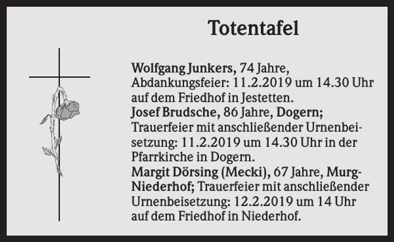 <p>Totentafel<br />Wolfgang Junkers, 74 Jahre,<br />Abdankungsfeier: 11.2.2019 um 14.30 Uhr<br />auf dem Friedhof in Jestetten.<br />Josef Brudsche, 86 Jahre, Dogern;<br />Trauerfeier mit anschließender Urnenbeisetzung: 11.2.2019 um 14.30 Uhr in der<br />Pfarrkirche in Dogern.<br />Margit Dörsing (Mecki), 67 Jahre, MurgNiederhof; Trauerfeier mit anschließender<br />Urnenbeisetzung: 12.2.2019 um 14 Uhr<br />auf dem Friedhof in Niederhof.</p>