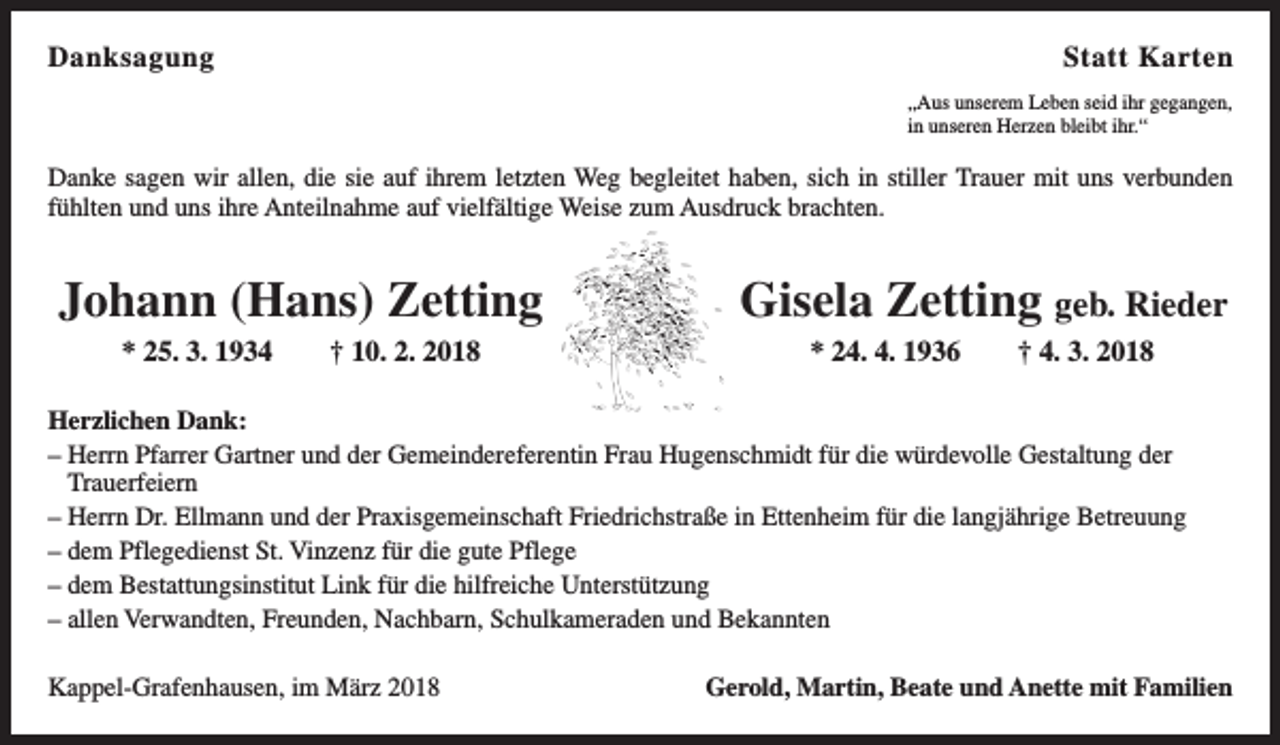 <p>Danksagung</p><p>Statt Karten<br />„Aus unserem Leben seid ihr gegangen,<br />in unseren Herzen bleibt ihr.“</p><p>Danke sagen wir allen, die sie auf ihrem letzten Weg begleitet haben, sich in stiller Trauer mit uns verbunden<br />fühlten und uns ihre Anteilnahme auf vielfältige Weise zum Ausdruck brachten.</p><p>Johann (Hans) Zetting</p><p>* 25. 3. 1934 † 10. 2. 2018</p><p>Gisela Zetting geb. Rieder<br />* 24. 4. 1936 † 4. 3. 2018</p><p>Herzlichen Dank:<br />– Herrn Pfarrer Gartner und der Gemeindereferentin Frau Hugenschmidt für die würdevolle Gestaltung der<br />Trauerfeiern<br />– Herrn Dr. Ellmann und der Praxisgemeinschaft Friedrichstraße in Ettenheim für die langjährige Betreuung<br />– dem Pflegedienst St. Vinzenz für die gute Pflege<br />– dem Bestattungsinstitut Link für die hilfreiche Unterstützung<br />– allen Verwandten, Freunden, Nachbarn, Schulkameraden und Bekannten<br />Kappel-Grafenhausen, im März 2018</p><p>Gerold, Martin, Beate und Anette mit Familien</p>