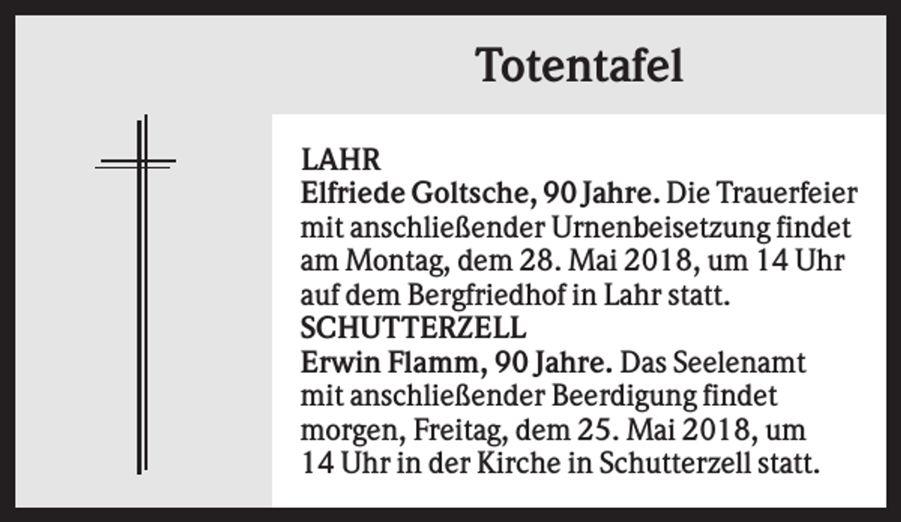 <p>Totentafel<br />LAHR<br />Elfriede Goltsche, 90 Jahre. Die Trauerfeier<br />mit anschließender Urnenbeisetzung findet<br />am Montag, dem 28. Mai 2018, um 14 Uhr<br />auf dem Bergfriedhof in Lahr statt.<br />SCHUTTERZELL<br />Erwin Flamm, 90 Jahre. Das Seelenamt<br />mit anschließender Beerdigung findet<br />morgen, Freitag, dem 25. Mai 2018, um<br />14 Uhr in der Kirche in Schutterzell statt.</p>