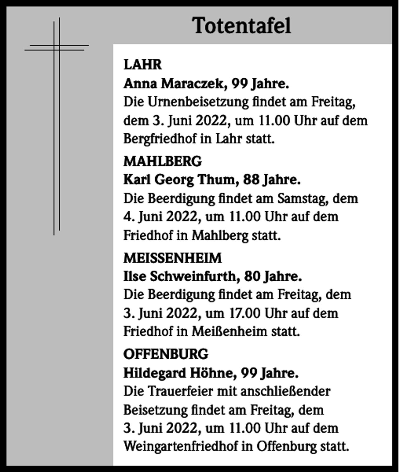 <p>Totentafel<br />Totentafel<br />LAHR<br />Anna Maraczek, 99 Jahre.<br />Die Urnenbeisetzung findet am Freitag,<br />dem 3. Juni 2022, um 11.00 Uhr auf dem<br />Bergfriedhof in Lahr statt.<br />MAHLBERG<br />Karl Georg Thum, 88 Jahre.<br />Die Beerdigung findet am Samstag, dem<br />4. Juni 2022, um 11.00 Uhr auf dem<br />Friedhof in Mahlberg statt.<br />MEISSENHEIM<br />Ilse Schweinfurth, 80 Jahre.<br />Die Beerdigung findet am Freitag, dem<br />3. Juni 2022, um 17.00 Uhr auf dem<br />Friedhof in Meißenheim statt.<br />OFFENBURG<br />Hildegard Höhne, 99 Jahre.<br />Die Trauerfeier mit anschließender<br />Beisetzung findet am Freitag, dem<br />3. Juni 2022, um 11.00 Uhr auf dem<br />Weingartenfriedhof in Offenburg statt.</p>