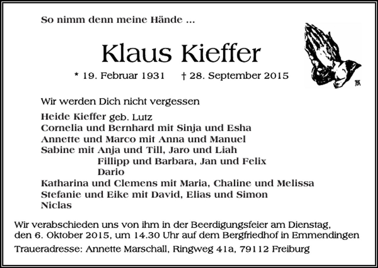 <p>So nimm denn meine Hände ...</p><p>Heide Kieffer<br />Cornelia und Bernhard mit Sinja und Esha<br />Annette und Marco mit Anna und Manuel<br />Sabine mit Anja und Till, Jaro und Liah<br />Fillipp und Barbara, Jan und Felix<br />Dario<br />Katharina und Clemens mit Maria, Chaline und Melissa<br />Stefanie und Eike mit David, Elias und Simon<br />Niclas</p>