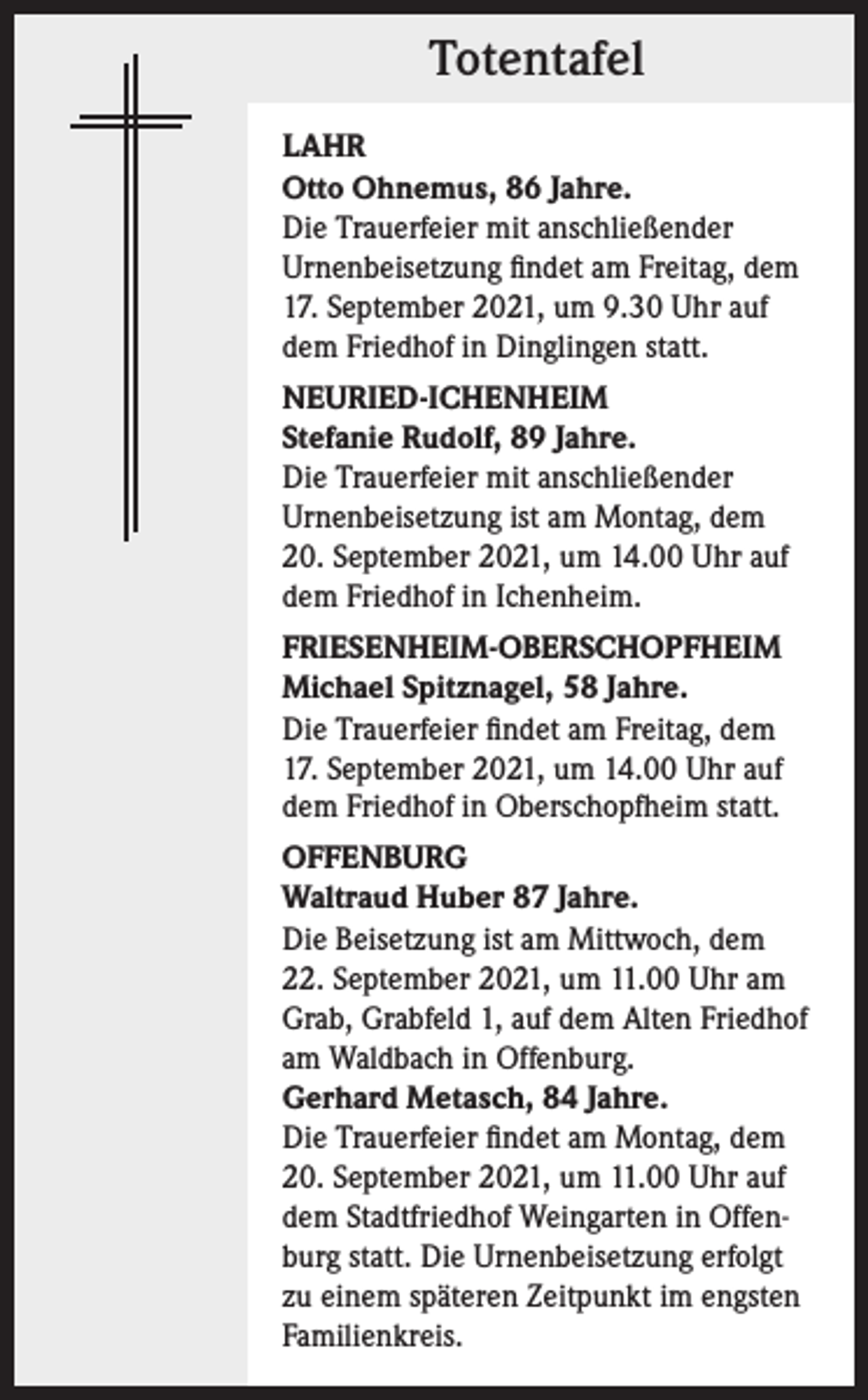 <p>Totentafel<br />LAHR<br />Otto Ohnemus, 86 Jahre.<br />Die Trauerfeier mit anschließender<br />Urnenbeisetzung findet am Freitag, dem<br />17. September 2021, um 9.30 Uhr auf<br />dem Friedhof in Dinglingen statt.<br />NEURIED-ICHENHEIM<br />Stefanie Rudolf, 89 Jahre.<br />Die Trauerfeier mit anschließender<br />Urnenbeisetzung ist am Montag, dem<br />20. September 2021, um 14.00 Uhr auf<br />dem Friedhof in Ichenheim.<br />FRIESENHEIM-OBERSCHOPFHEIM<br />Michael Spitznagel, 58 Jahre.<br />Die Trauerfeier findet am Freitag, dem<br />17. September 2021, um 14.00 Uhr auf<br />dem Friedhof in Oberschopfheim statt.<br />OFFENBURG<br />Waltraud Huber 87 Jahre.<br />Die Beisetzung ist am Mittwoch, dem<br />22. September 2021, um 11.00 Uhr am<br />Grab, Grabfeld 1, auf dem Alten Friedhof<br />am Waldbach in Offenburg.<br />Gerhard Metasch, 84 Jahre.<br />Die Trauerfeier findet am Montag, dem<br />20. September 2021, um 11.00 Uhr auf<br />dem Stadtfriedhof Weingarten in Offenburg statt. Die Urnenbeisetzung erfolgt<br />zu einem späteren Zeitpunkt im engsten<br />Familienkreis.</p>