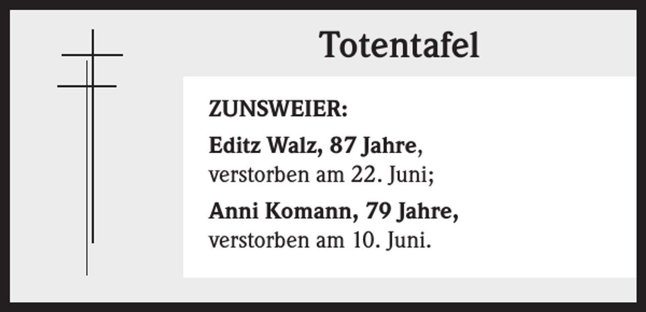 <p>Totentafel<br />ZUNSWEIER:<br />Editz Walz, 87 Jahre,<br />verstorben am 22. Juni;<br />Anni Komann, 79 Jahre,<br />verstorben am 10. Juni.</p>
