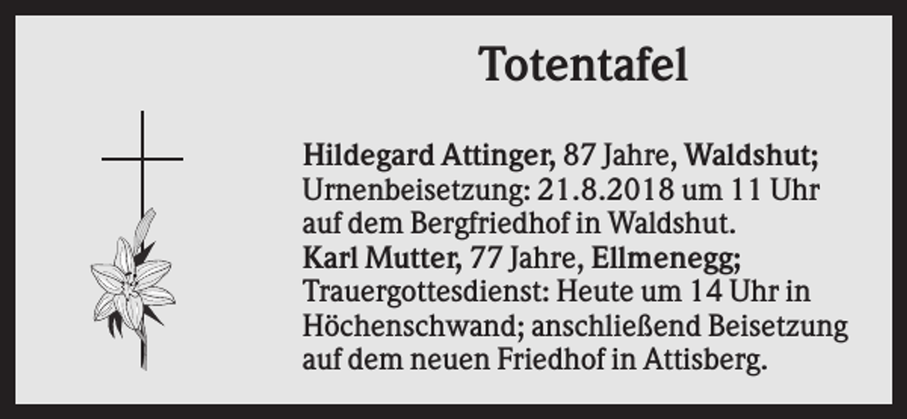 <p>Totentafel<br />Hildegard Attinger, 87 Jahre, Waldshut;<br />Urnenbeisetzung: 21.8.2018 um 11 Uhr<br />auf dem Bergfriedhof in Waldshut.<br />Karl Mutter, 77 Jahre, Ellmenegg;<br />Trauergottesdienst: Heute um 14 Uhr in<br />Höchenschwand; anschließend Beisetzung<br />auf dem neuen Friedhof in Attisberg.</p>