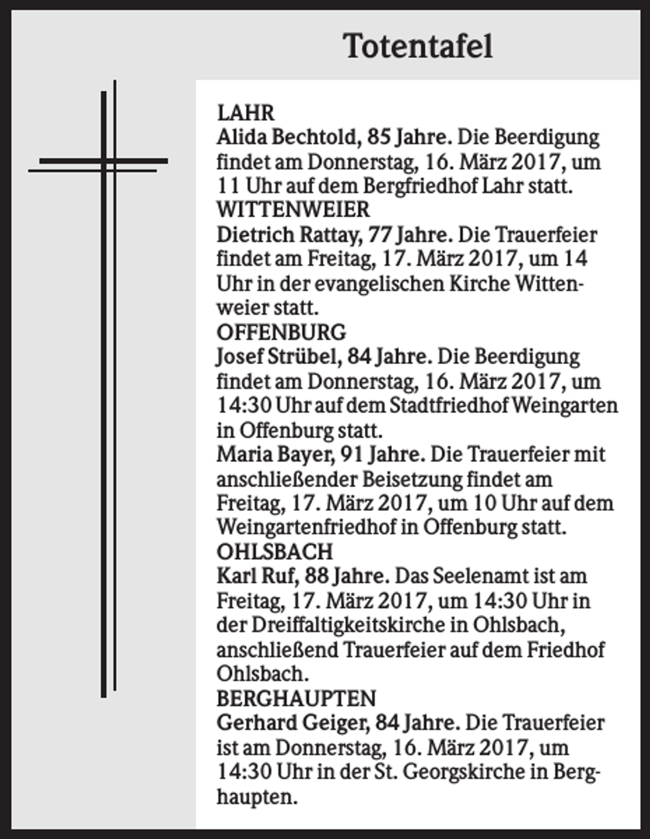<p>Totentafel<br />LAHR<br />Alida Bechtold, 85 Jahre. Die Beerdigung<br />findet am Donnerstag, 16. März 2017, um<br />11 Uhr auf dem Bergfriedhof Lahr statt.<br />WITTENWEIER<br />Dietrich Rattay, 77 Jahre. Die Trauerfeier<br />findet am Freitag, 17. März 2017, um 14<br />Uhr in der evangelischen Kirche Wittenweier statt.<br />OFFENBURG<br />Josef Strübel, 84 Jahre. Die Beerdigung<br />findet am Donnerstag, 16. März 2017, um<br />14:30 Uhr auf dem Stadtfriedhof Weingarten<br />in Offenburg statt.<br />Maria Bayer, 91 Jahre. Die Trauerfeier mit<br />anschließender Beisetzung findet am<br />Freitag, 17. März 2017, um 10 Uhr auf dem<br />Weingartenfriedhof in Offenburg statt.<br />OHLSBACH<br />Karl Ruf, 88 Jahre. Das Seelenamt ist am<br />Freitag, 17. März 2017, um 14:30 Uhr in<br />der Dreiffaltigkeitskirche in Ohlsbach,<br />anschließend Trauerfeier auf dem Friedhof<br />Ohlsbach.<br />BERGHAUPTEN<br />Gerhard Geiger, 84 Jahre. Die Trauerfeier<br />ist am Donnerstag, 16. März 2017, um<br />14:30 Uhr in der St. Georgskirche in Berghaupten.</p>