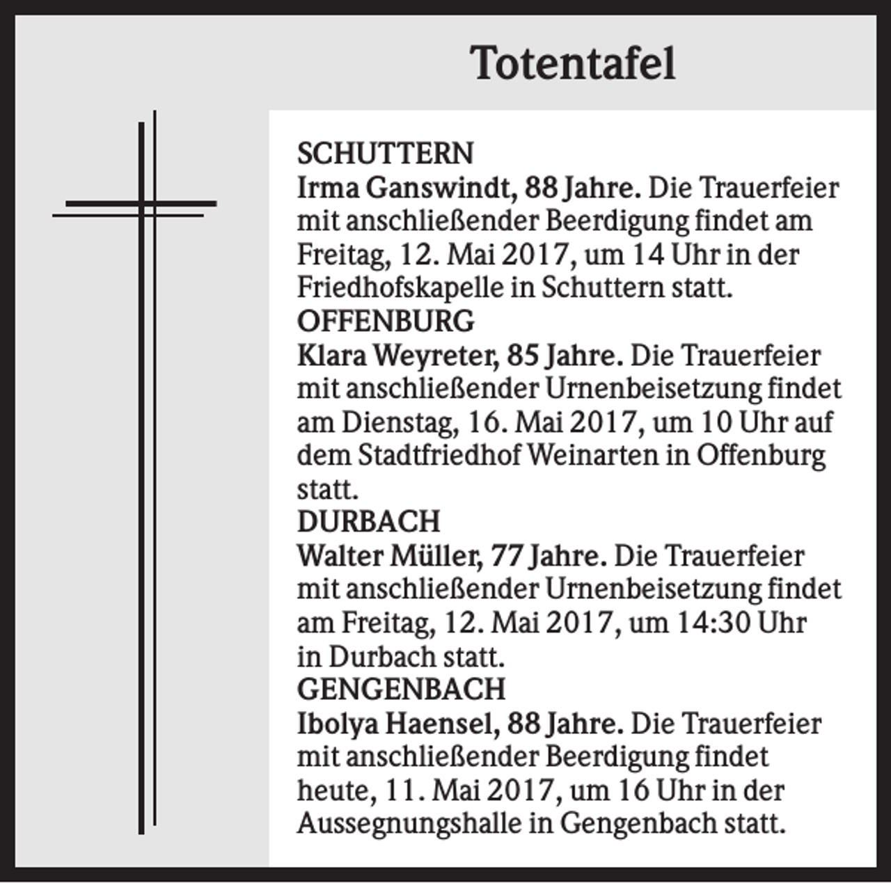<p>Totentafel<br />SCHUTTERN<br />Irma Ganswindt, 88 Jahre. Die Trauerfeier<br />mit anschließender Beerdigung findet am<br />Freitag, 12. Mai 2017, um 14 Uhr in der<br />Friedhofskapelle in Schuttern statt.<br />OFFENBURG<br />Klara Weyreter, 85 Jahre. Die Trauerfeier<br />mit anschließender Urnenbeisetzung findet<br />am Dienstag, 16. Mai 2017, um 10 Uhr auf<br />dem Stadtfriedhof Weinarten in Offenburg<br />statt.<br />DURBACH<br />Walter Müller, 77 Jahre. Die Trauerfeier<br />mit anschließender Urnenbeisetzung findet<br />am Freitag, 12. Mai 2017, um 14:30 Uhr<br />in Durbach statt.<br />GENGENBACH<br />Ibolya Haensel, 88 Jahre. Die Trauerfeier<br />mit anschließender Beerdigung findet<br />heute, 11. Mai 2017, um 16 Uhr in der<br />Aussegnungshalle in Gengenbach statt.</p>