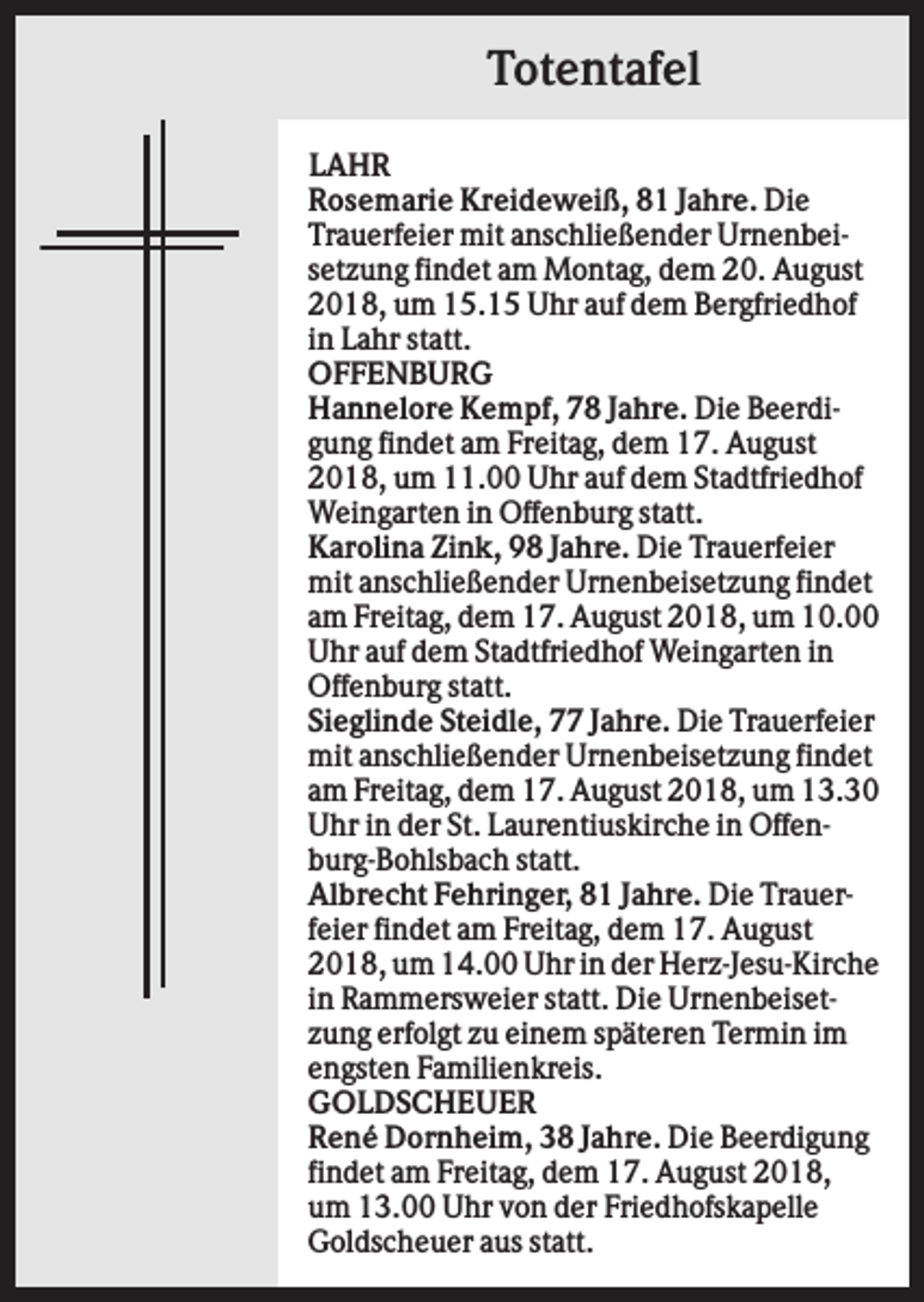 <p>Totentafel<br />LAHR<br />Rosemarie Kreideweiß, 81 Jahre. Die<br />Trauerfeier mit anschließender Urnenbeisetzung findet am Montag, dem 20. August<br />2018, um 15.15 Uhr auf dem Bergfriedhof<br />in Lahr statt.<br />OFFENBURG<br />Hannelore Kempf, 78 Jahre. Die Beerdigung findet am Freitag, dem 17. August<br />2018, um 11.00 Uhr auf dem Stadtfriedhof<br />Weingarten in Offenburg statt.<br />Karolina Zink, 98 Jahre. Die Trauerfeier<br />mit anschließender Urnenbeisetzung findet<br />am Freitag, dem 17. August 2018, um 10.00<br />Uhr auf dem Stadtfriedhof Weingarten in<br />Offenburg statt.<br />Sieglinde Steidle, 77 Jahre. Die Trauerfeier<br />mit anschließender Urnenbeisetzung findet<br />am Freitag, dem 17. August 2018, um 13.30<br />Uhr in der St. Laurentiuskirche in Offenburg-Bohlsbach statt.<br />Albrecht Fehringer, 81 Jahre. Die Trauerfeier findet am Freitag, dem 17. August<br />2018, um 14.00 Uhr in der Herz-Jesu-Kirche<br />in Rammersweier statt. Die Urnenbeisetzung erfolgt zu einem späteren Termin im<br />engsten Familienkreis.<br />GOLDSCHEUER<br />René Dornheim, 38 Jahre. Die Beerdigung<br />findet am Freitag, dem 17. August 2018,<br />um 13.00 Uhr von der Friedhofskapelle<br />Goldscheuer aus statt.</p>