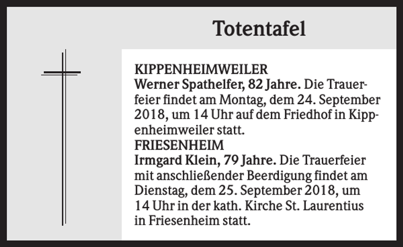 <p>Totentafel<br />KIPPENHEIMWEILER<br />Werner Spathelfer, 82 Jahre. Die Trauerfeier findet am Montag, dem 24. September<br />2018, um 14 Uhr auf dem Friedhof in Kippenheimweiler statt.<br />FRIESENHEIM<br />Irmgard Klein, 79 Jahre. Die Trauerfeier<br />mit anschließender Beerdigung findet am<br />Dienstag, dem 25. September 2018, um<br />14 Uhr in der kath. Kirche St. Laurentius<br />in Friesenheim statt.</p>