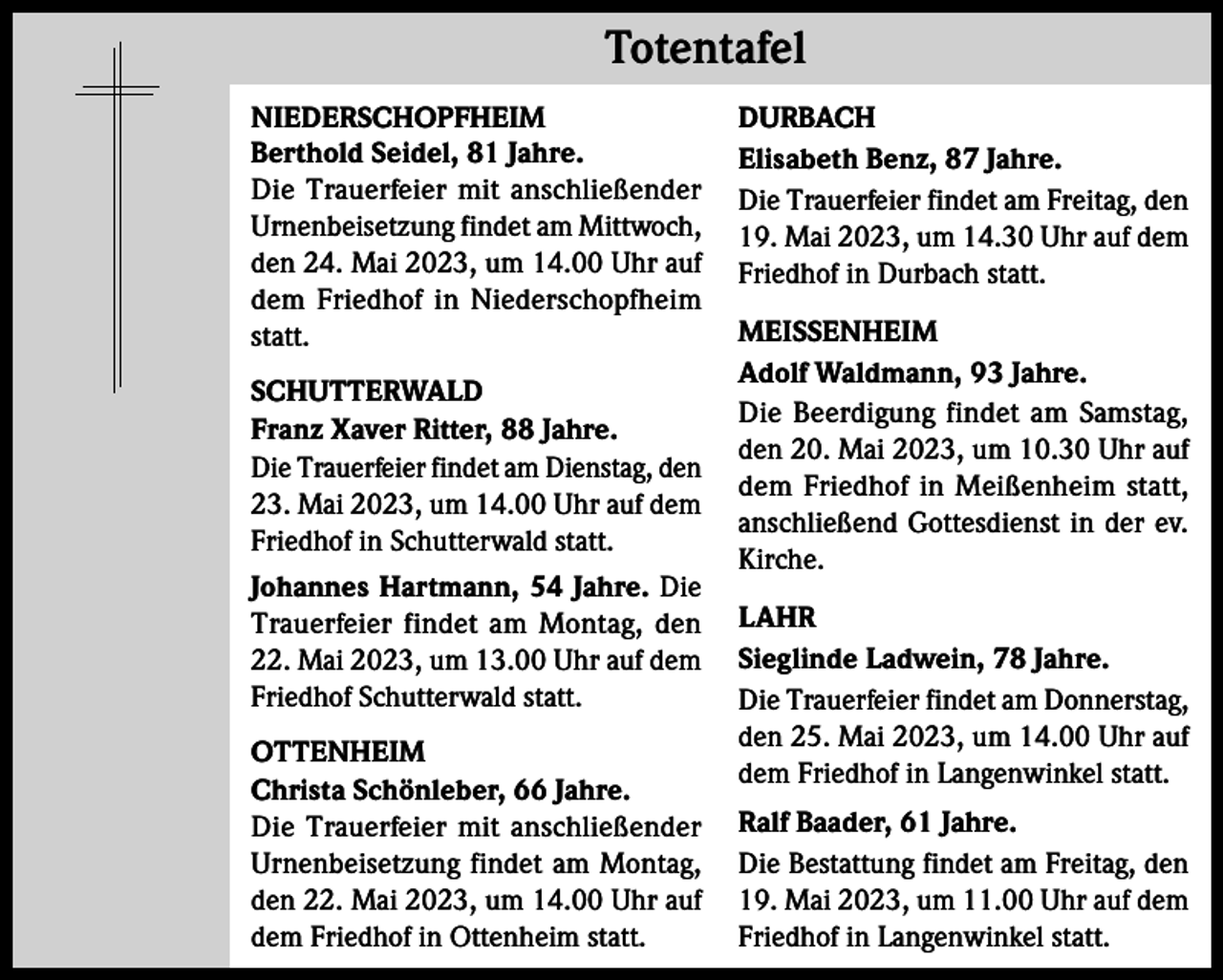 <p>Totentafel Totentafel<br />NIEDERSCHOPFHEIM<br />Berthold Seidel, 81 Jahre.<br />Die Trauerfeier mit anschließender<br />Urnenbeisetzung findet am Mittwoch,<br />den 24. Mai 2023, um 14.00 Uhr auf<br />dem Friedhof in Niederschopfheim<br />statt.<br />SCHUTTERWALD<br />Franz Xaver Ritter, 88 Jahre.<br />Die Trauerfeier findet am Dienstag, den<br />23. Mai 2023, um 14.00 Uhr auf dem<br />Friedhof in Schutterwald statt.<br />Johannes Hartmann, 54 Jahre. Die<br />Trauerfeier findet am Montag, den<br />22. Mai 2023, um 13.00 Uhr auf dem<br />Friedhof Schutterwald statt.<br />OTTENHEIM<br />Christa Schönleber, 66 Jahre.<br />Die Trauerfeier mit anschließender<br />Urnenbeisetzung findet am Montag,<br />den 22. Mai 2023, um 14.00 Uhr auf<br />dem Friedhof in Ottenheim statt.</p><p>DURBACH<br />Elisabeth Benz, 87 Jahre.<br />Die Trauerfeier findet am Freitag, den<br />19. Mai 2023, um 14.30 Uhr auf dem<br />Friedhof in Durbach statt.<br />MEISSENHEIM<br />Adolf Waldmann, 93 Jahre.<br />Die Beerdigung findet am Samstag,<br />den 20. Mai 2023, um 10.30 Uhr auf<br />dem Friedhof in Meißenheim statt,<br />anschließend Gottesdienst in der ev.<br />Kirche.<br />LAHR<br />Sieglinde Ladwein, 78 Jahre.<br />Die Trauerfeier findet am Donnerstag,<br />den 25. Mai 2023, um 14.00 Uhr auf<br />dem Friedhof in Langenwinkel statt.<br />Ralf Baader, 61 Jahre.<br />Die Bestattung findet am Freitag, den<br />19. Mai 2023, um 11.00 Uhr auf dem<br />Friedhof in Langenwinkel statt.</p>