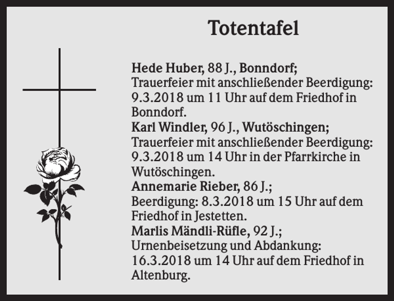 <p>Totentafel<br />Hede Huber, 88 J., Bonndorf;<br />Trauerfeier mit anschließender Beerdigung:<br />9.3.2018 um 11 Uhr auf dem Friedhof in<br />Bonndorf.<br />Karl Windler, 96 J., Wutöschingen;<br />Trauerfeier mit anschließender Beerdigung:<br />9.3.2018 um 14 Uhr in der Pfarrkirche in<br />Wutöschingen.<br />Annemarie Rieber, 86 J.;<br />Beerdigung: 8.3.2018 um 15 Uhr auf dem<br />Friedhof in Jestetten.<br />Marlis Mändli-Rüfle, 92 J.;<br />Urnenbeisetzung und Abdankung:<br />16.3.2018 um 14 Uhr auf dem Friedhof in<br />Altenburg.</p>