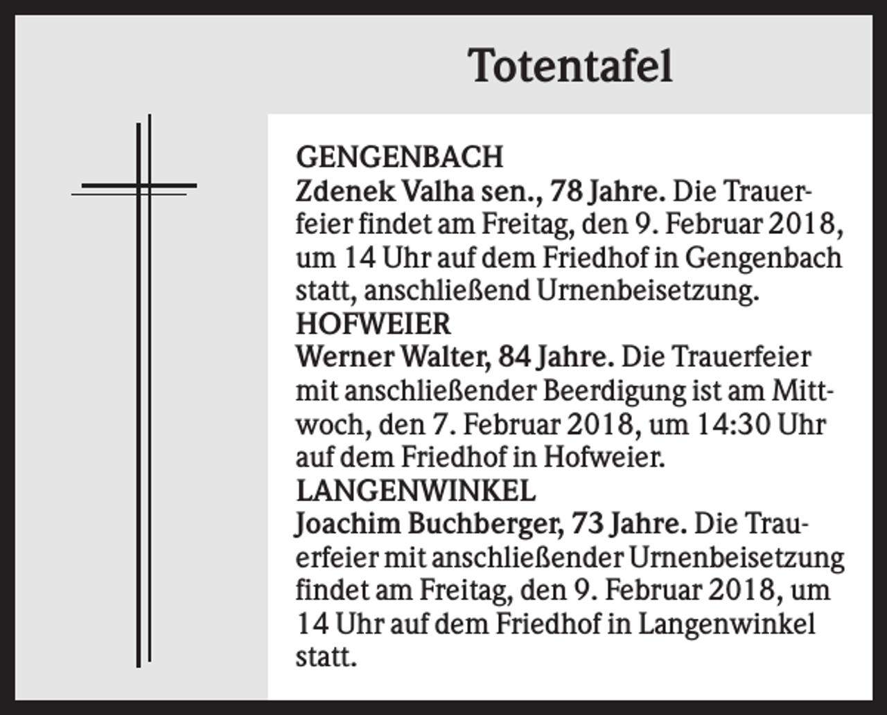 <p>Totentafel<br />GENGENBACH<br />Zdenek Valha sen., 78 Jahre. Die Trauerfeier findet am Freitag, den 9. Februar 2018,<br />um 14 Uhr auf dem Friedhof in Gengenbach<br />statt, anschließend Urnenbeisetzung.<br />HOFWEIER<br />Werner Walter, 84 Jahre. Die Trauerfeier<br />mit anschließender Beerdigung ist am Mittwoch, den 7. Februar 2018, um 14:30 Uhr<br />auf dem Friedhof in Hofweier.<br />LANGENWINKEL<br />Joachim Buchberger, 73 Jahre. Die Trauerfeier mit anschließender Urnenbeisetzung<br />findet am Freitag, den 9. Februar 2018, um<br />14 Uhr auf dem Friedhof in Langenwinkel<br />statt.</p>