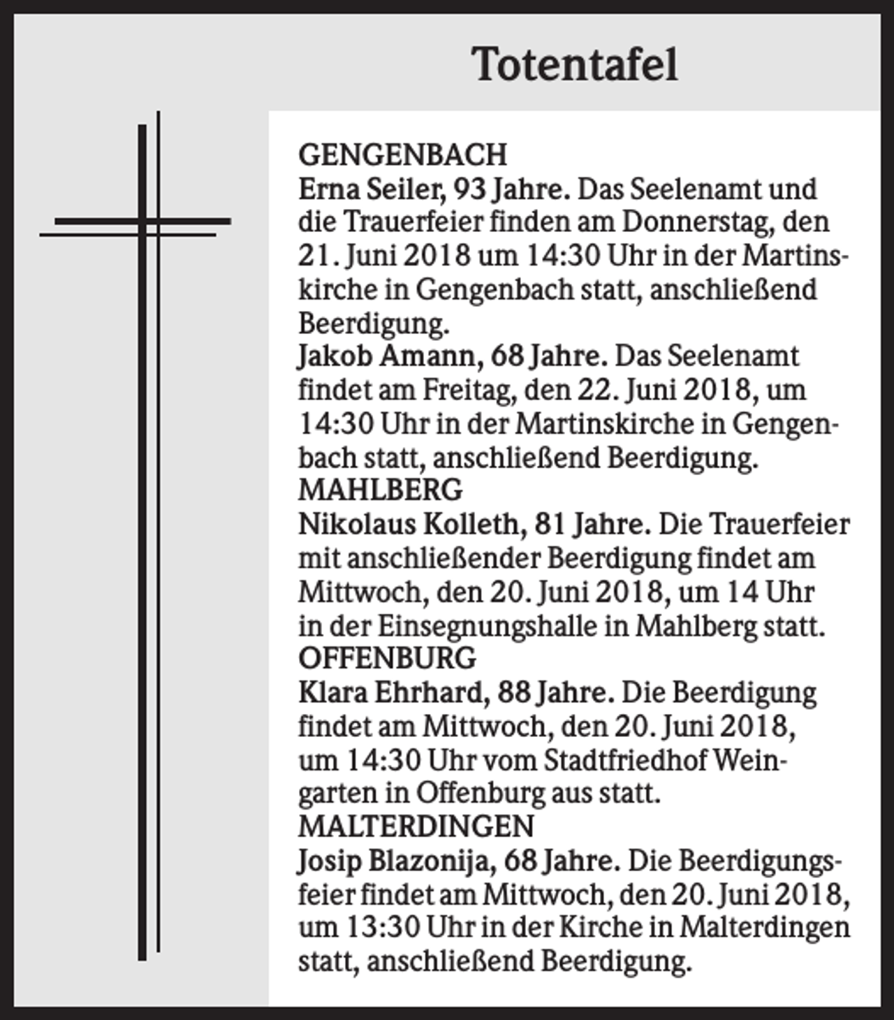 <p>Totentafel<br />GENGENBACH<br />Erna Seiler, 93 Jahre. Das Seelenamt und<br />die Trauerfeier finden am Donnerstag, den<br />21. Juni 2018 um 14:30 Uhr in der Martinskirche in Gengenbach statt, anschließend<br />Beerdigung.<br />Jakob Amann, 68 Jahre. Das Seelenamt<br />findet am Freitag, den 22. Juni 2018, um<br />14:30 Uhr in der Martinskirche in Gengenbach statt, anschließend Beerdigung.<br />MAHLBERG<br />Nikolaus Kolleth, 81 Jahre. Die Trauerfeier<br />mit anschließender Beerdigung findet am<br />Mittwoch, den 20. Juni 2018, um 14 Uhr<br />in der Einsegnungshalle in Mahlberg statt.<br />OFFENBURG<br />Klara Ehrhard, 88 Jahre. Die Beerdigung<br />findet am Mittwoch, den 20. Juni 2018,<br />um 14:30 Uhr vom Stadtfriedhof Weingarten in Offenburg aus statt.<br />MALTERDINGEN<br />Josip Blazonija, 68 Jahre. Die Beerdigungsfeier findet am Mittwoch, den 20. Juni 2018,<br />um 13:30 Uhr in der Kirche in Malterdingen<br />statt, anschließend Beerdigung.</p>