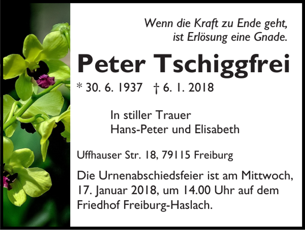 <p>WWenn<br />e n n didie<br />e KrKraft<br />aft z uzuE Ende<br />n d e g egeht,<br />ht,<br />ist Erlösung<br />Erl ös u n g eine<br />ei n e Gnade.<br />G n a d e.<br />ist</p><p>PPeter<br />e t e r Tschiggfrei<br />T s c hi g gf r ei<br />** 30.<br />3 0. 6.<br />6. 1937<br />1 9 3 7 †† 6.<br />6. 1.<br />1. 2018<br />2 0 18</p><p>I n stiller<br />In<br />still er Trauer<br />Tr a u er<br />HHans-Peter<br />a ns- P et er uund<br />n d Elis<br />Elisabeth<br />a b et h<br />Uffhauser<br />Uff<br />h a us er Str.<br />Str. 118,<br />8, 779115<br />9 5 Fr<br />Freiburg<br />ei b ur g</p><p>Di e Ur<br />Die<br />Urnenabschiedsfeier<br />n e n a bs c hi e dsf ei er ist am<br />a m Mittwoch,<br />Mitt w o c h,<br />117.<br />7. JJanuar<br />a n u ar 22018,<br />0 1 8, uum<br />m 114.00<br />4. Uhr<br />U hr aauf<br />uf dem<br />de m<br />Fri<br />e d h of Fr<br />ei b ur g- H asl a c h .<br />Friedhof<br />Freiburg-Haslach.</p>