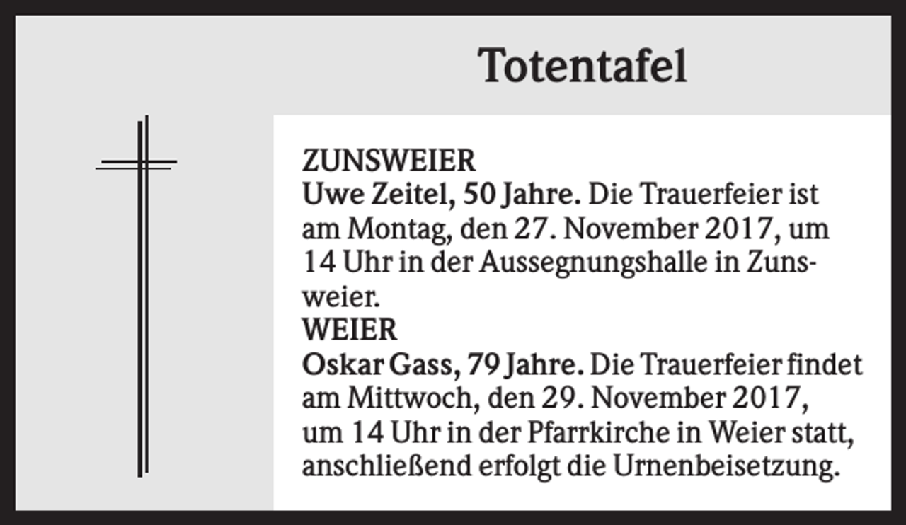 <p>Totentafel<br />ZUNSWEIER<br />Uwe Zeitel, 50 Jahre. Die Trauerfeier ist<br />am Montag, den 27. November 2017, um<br />14 Uhr in der Aussegnungshalle in Zunsweier.<br />WEIER<br />Oskar Gass, 79 Jahre. Die Trauerfeier findet<br />am Mittwoch, den 29. November 2017,<br />um 14 Uhr in der Pfarrkirche in Weier statt,<br />anschließend erfolgt die Urnenbeisetzung.</p>