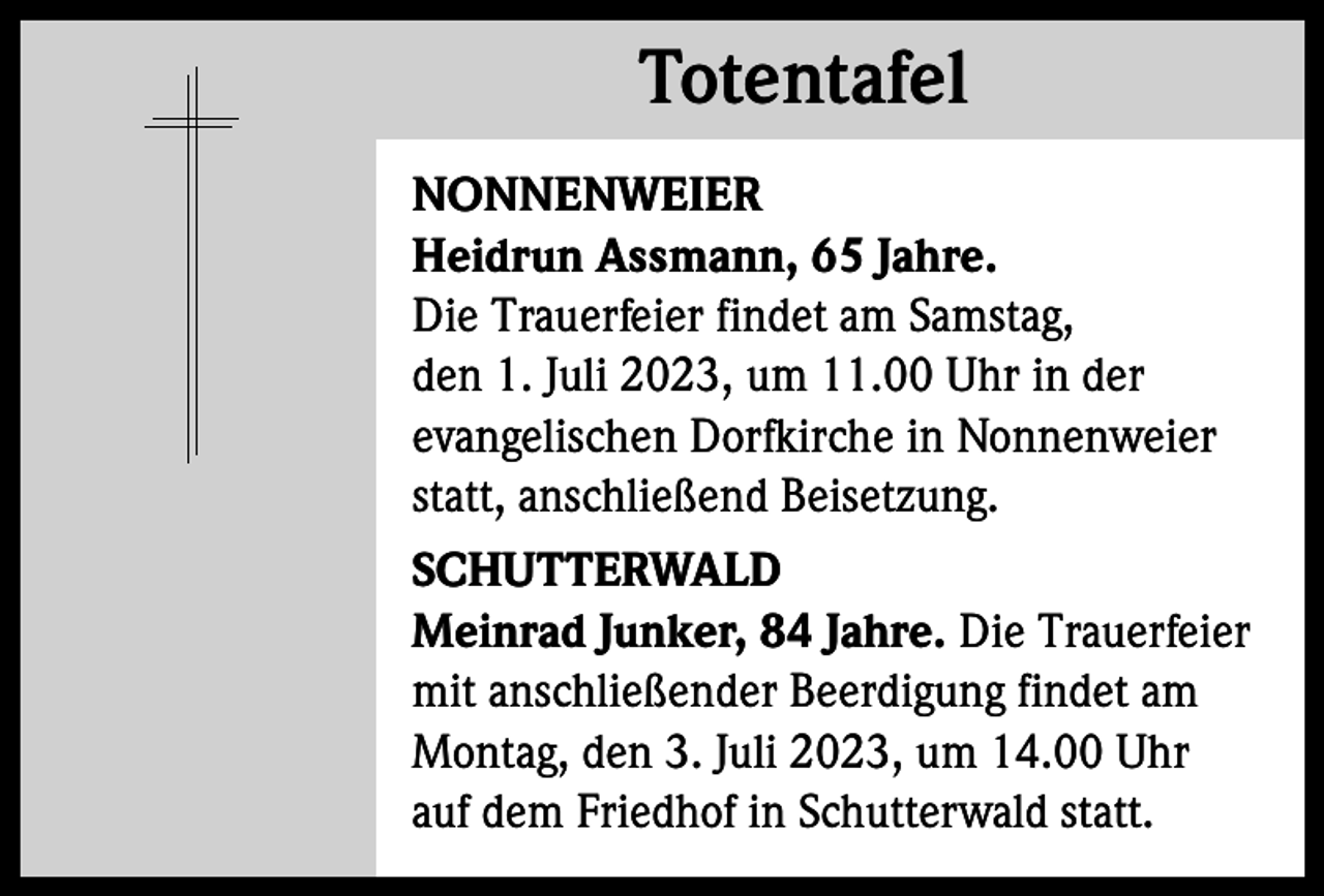 <p>Totentafel<br />Totentafel<br />NONNENWEIER<br />Heidrun Assmann, 65 Jahre.<br />Die Trauerfeier findet am Samstag,<br />den 1. Juli 2023, um 11.00 Uhr in der<br />evangelischen Dorfkirche in Nonnenweier<br />statt, anschließend Beisetzung.<br />SCHUTTERWALD<br />Meinrad Junker, 84 Jahre. Die Trauerfeier<br />mit anschließender Beerdigung findet am<br />Montag, den 3. Juli 2023, um 14.00 Uhr<br />auf dem Friedhof in Schutterwald statt.</p>