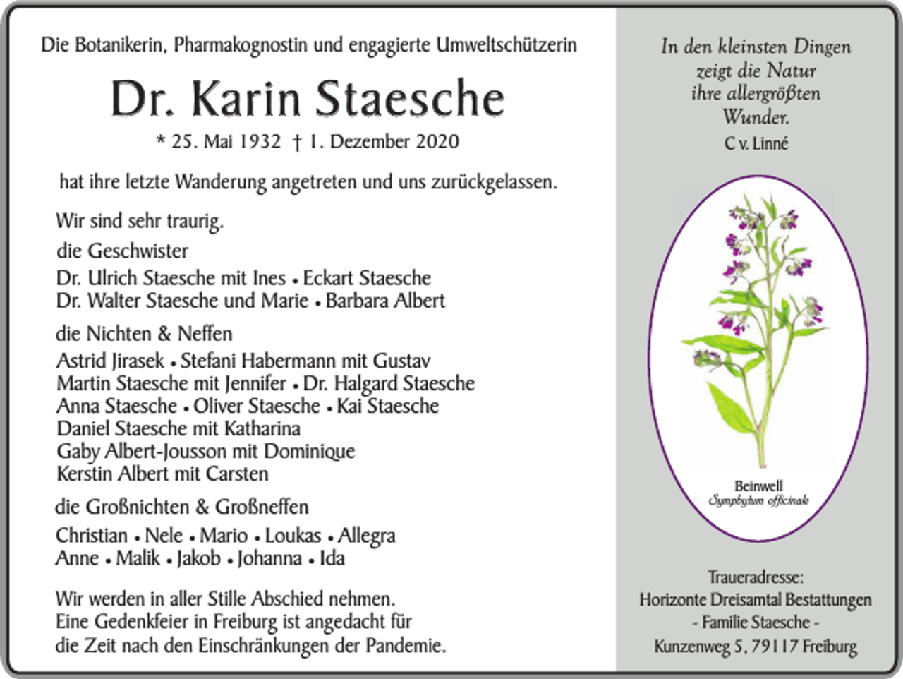 <p>Die Botanikerin, Pharmakognostin und engagierte Umweltschützerin</p><p>Dr. Karin Staesche<br />* 25. Mai 1932 † 1. Dezember 2020</p><p>In den kleinsten Dingen<br />zeigt die Natur<br />ihre allergrößten<br />Wunder.<br />C v. Linné</p><p>hat ihre letzte Wanderung angetreten und uns zurückgelassen.</p><p>Wir sind sehr traurig.<br />die Geschwister<br />Dr. Ulrich Staesche mit Ines ¥ Eckart Staesche<br />Dr. Walter Staesche und Marie ¥ Barbara Albert<br />die Nichten &amp; Neffen<br />Astrid Jirasek ¥ Stefani Habermann mit Gustav<br />Martin Staesche mit Jennifer ¥ Dr. Halgard Staesche<br />Anna Staesche ¥ Oliver Staesche ¥ Kai Staesche<br />Daniel Staesche mit Katharina<br />Gaby Albert-Jousson mit Dominique<br />Kerstin Albert mit Carsten</p><p>die Großnichten &amp; Großneffen<br />Christian ¥ Nele ¥ Mario ¥ Loukas ¥ Allegra<br />Anne ¥ Malik ¥ Jakob ¥ Johanna ¥ Ida</p><p>Wir werden in aller Stille Abschied nehmen.<br />Eine Gedenkfeier in Freiburg ist angedacht für<br />die Zeit nach den Einschränkungen der Pandemie.</p><p>Beinwell<br />Symphytum officinale</p><p>Traueradresse:<br />Horizonte Dreisamtal Bestattungen<br />- Familie Staesche Kunzenweg 5, 79117 Freiburg</p>