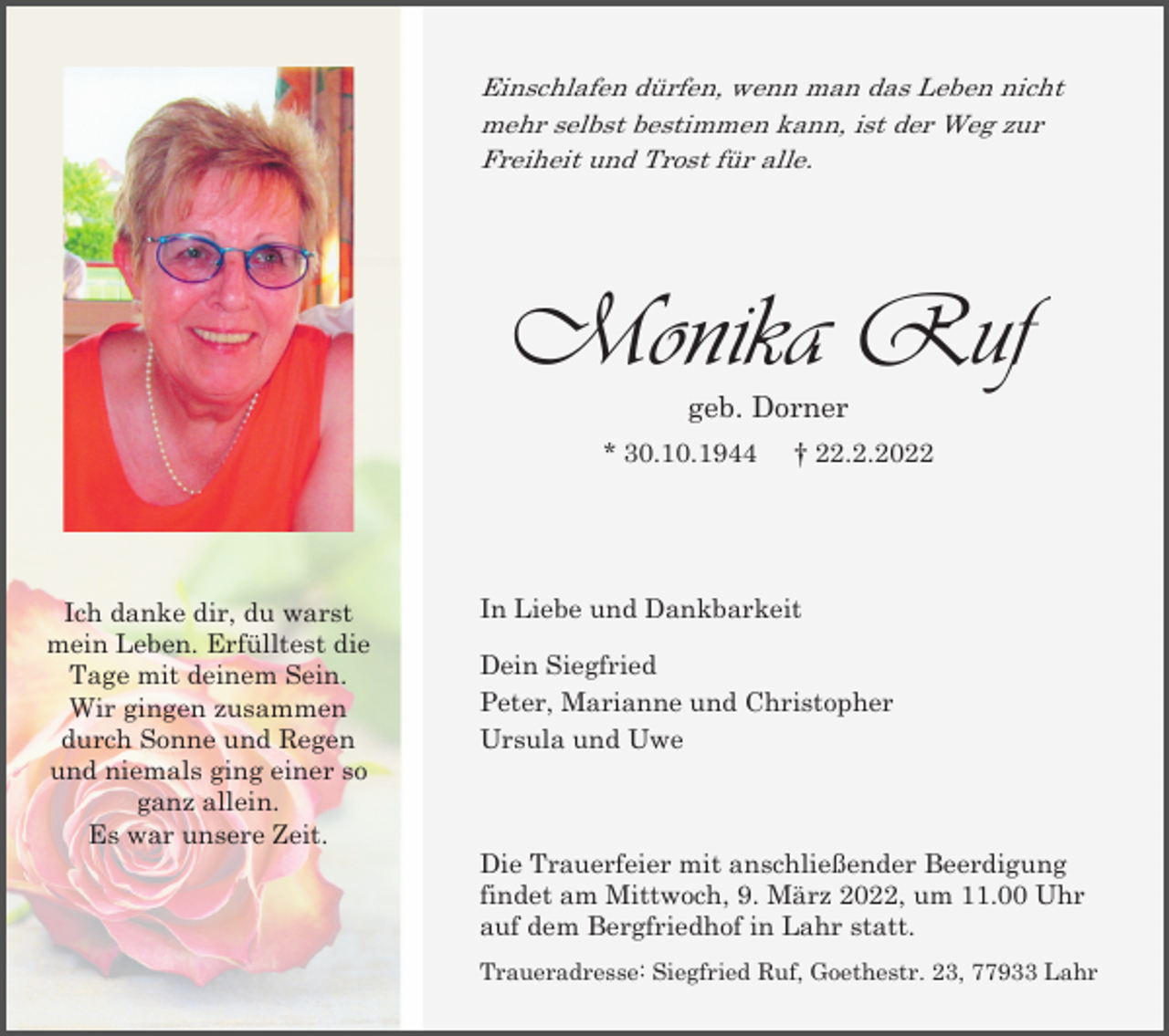Monika Ruf | Traueranzeigen, Nachrufe & Danksagungen auf BZtrauer.de