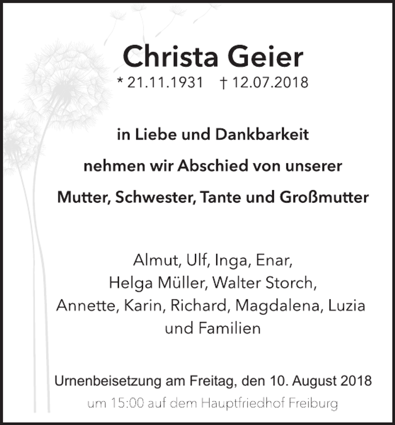 <p>Urnenbeisetzung am Freitag, den 10. August 2018</p>