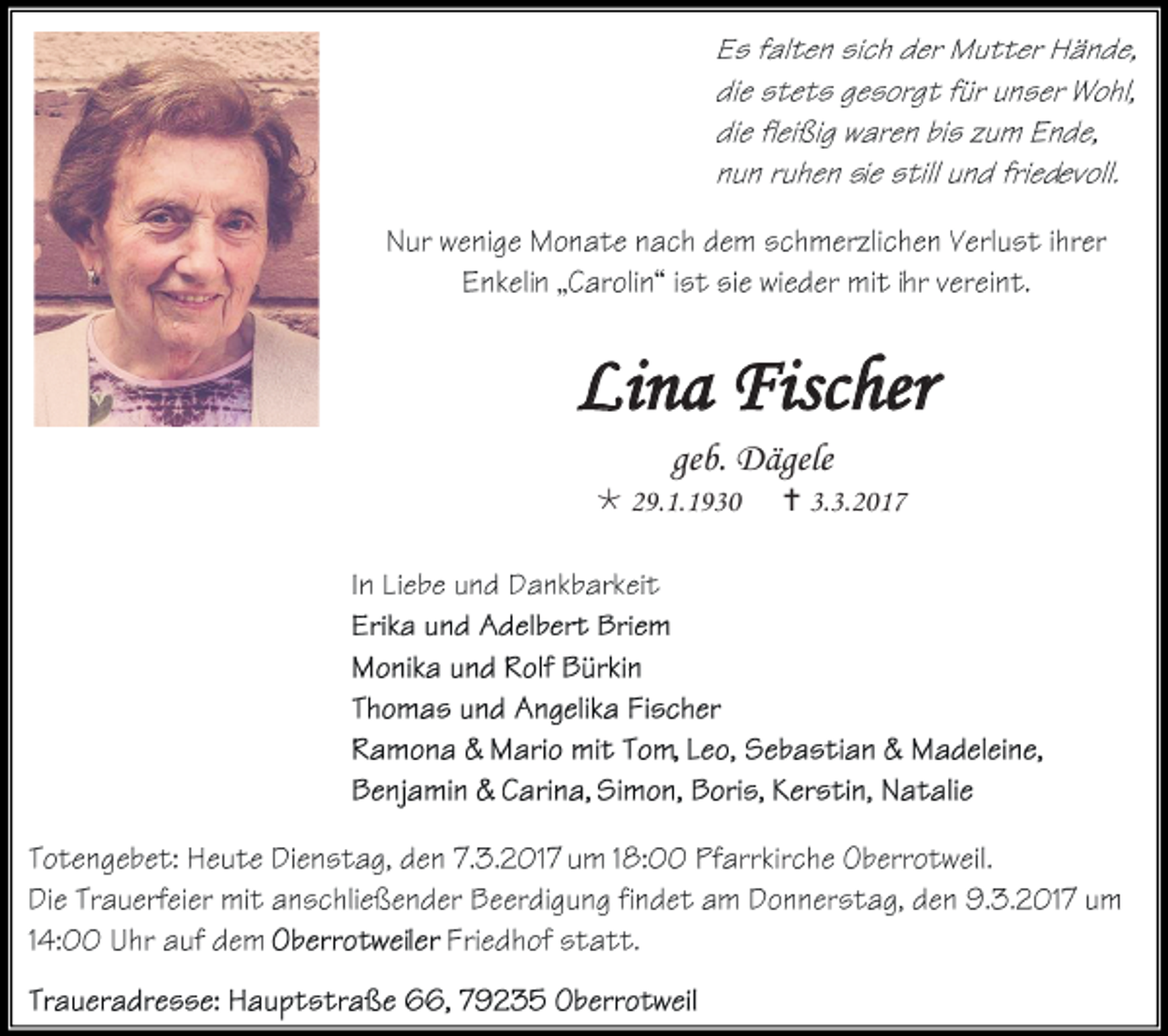 <p>Lina Fischer<br />geb. Dägele<br /> 29.1.1930</p><p> 3.3.2017</p>