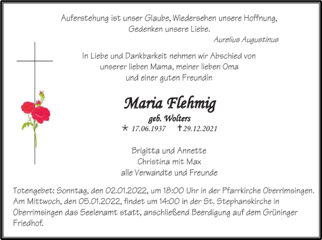 <p>Maria Flehmig<br />geb. Wolters<br />* 17.06.1937</p><p>†29.12.2021</p>