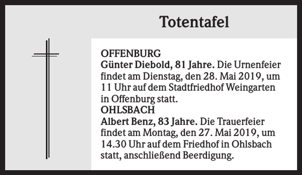<p>Totentafel<br />OFFENBURG<br />Günter Diebold, 81 Jahre. Die Urnenfeier<br />findet am Dienstag, den 28. Mai 2019, um<br />11 Uhr auf dem Stadtfriedhof Weingarten<br />in Offenburg statt.<br />OHLSBACH<br />Albert Benz, 83 Jahre. Die Trauerfeier<br />findet am Montag, den 27. Mai 2019, um<br />14.30 Uhr auf dem Friedhof in Ohlsbach<br />statt, anschließend Beerdigung.</p>