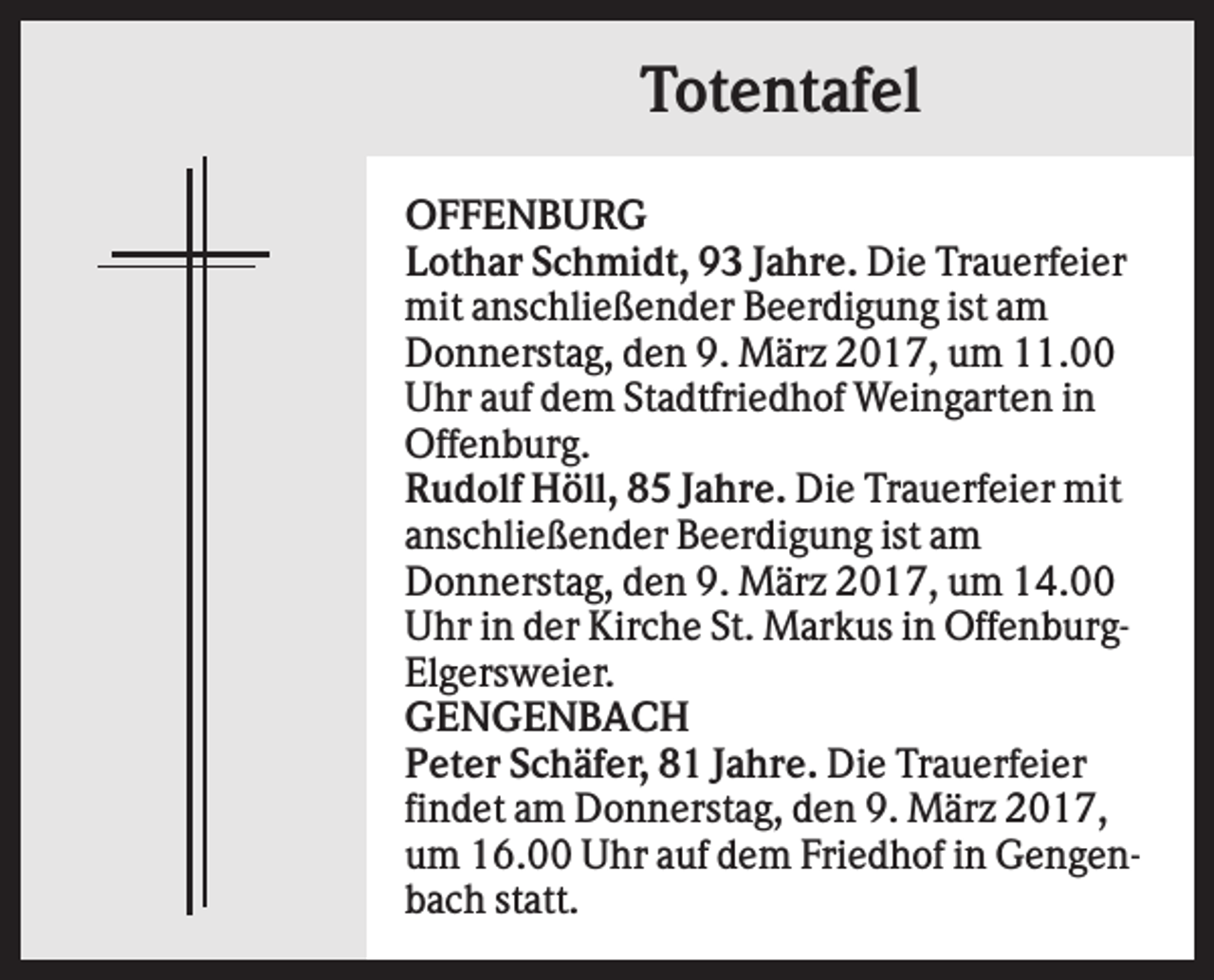 <p>Totentafel<br />OFFENBURG<br />Lothar Schmidt, 93 Jahre. Die Trauerfeier<br />mit anschließender Beerdigung ist am<br />Donnerstag, den 9. März 2017, um 11.00<br />Uhr auf dem Stadtfriedhof Weingarten in<br />Offenburg.<br />Rudolf Höll, 85 Jahre. Die Trauerfeier mit<br />anschließender Beerdigung ist am<br />Donnerstag, den 9. März 2017, um 14.00<br />Uhr in der Kirche St. Markus in OffenburgElgersweier.<br />GENGENBACH<br />Peter Schäfer, 81 Jahre. Die Trauerfeier<br />findet am Donnerstag, den 9. März 2017,<br />um 16.00 Uhr auf dem Friedhof in Gengenbach statt.</p>