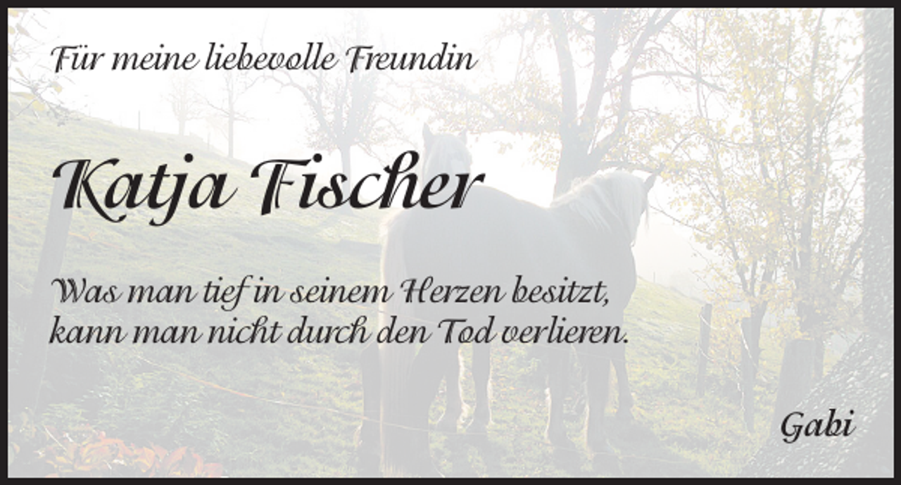 <p>Für meine liebevolle Freundin</p><p>Katja Fischer<br />Was man tief in seinem Herzen besitzt,<br />kann man nicht durch den Tod verlieren.<br />Gabi</p>